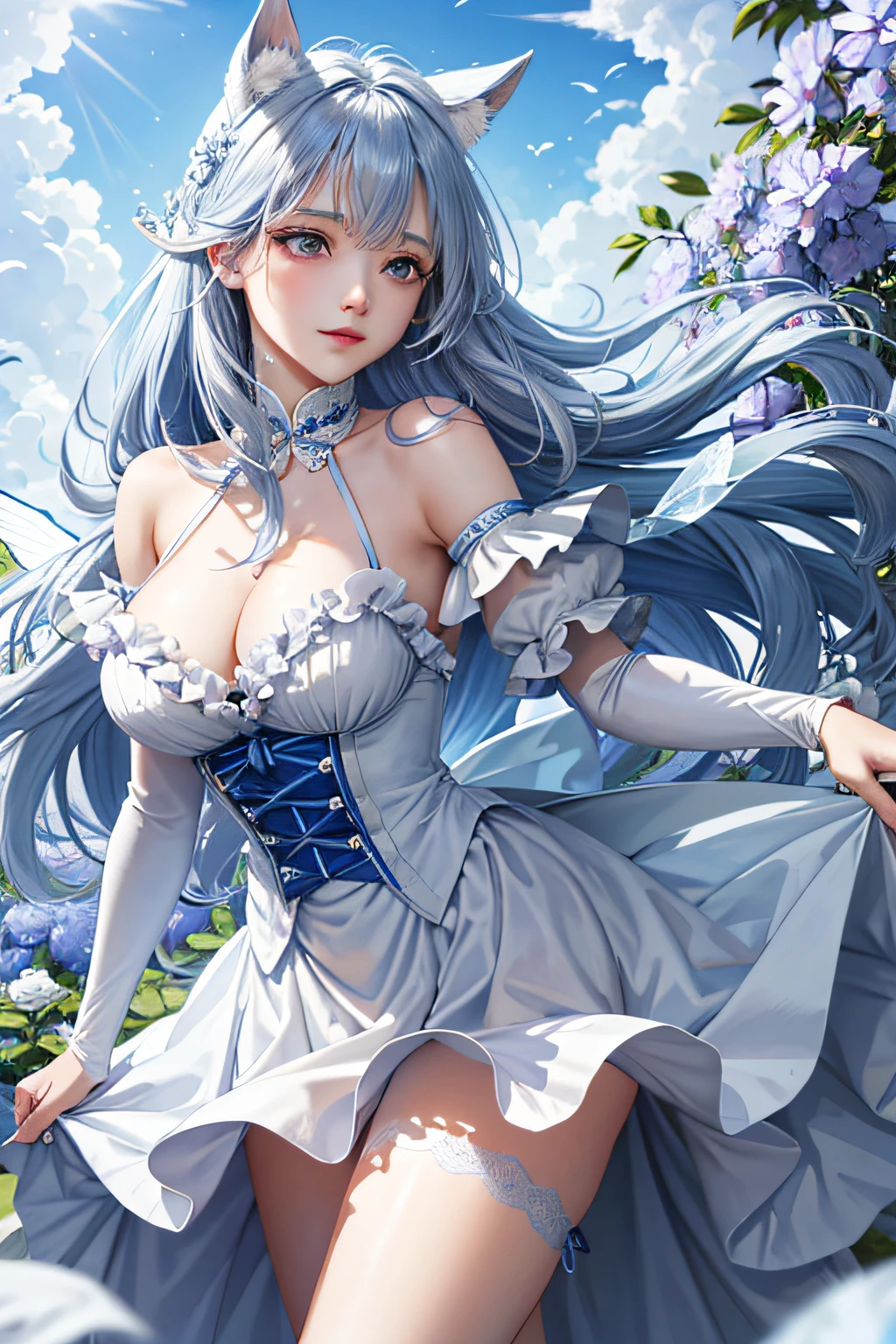 (Face focus)、(1womanl、独奏、Crystal clear white skin、Beautiful fece)、(blue hairs、Gray hair at the ends of the hair、Blue eyes、Elegant smile)、Horse Ears、Morning glory fairy、Blue ruffled skirt and dress、Fairy wings、Morning glory blooms、White underwear、Miniskirt、Big tits、Any posture、Open the crotch、roll eyes、scissor hands、Lots of sex toys