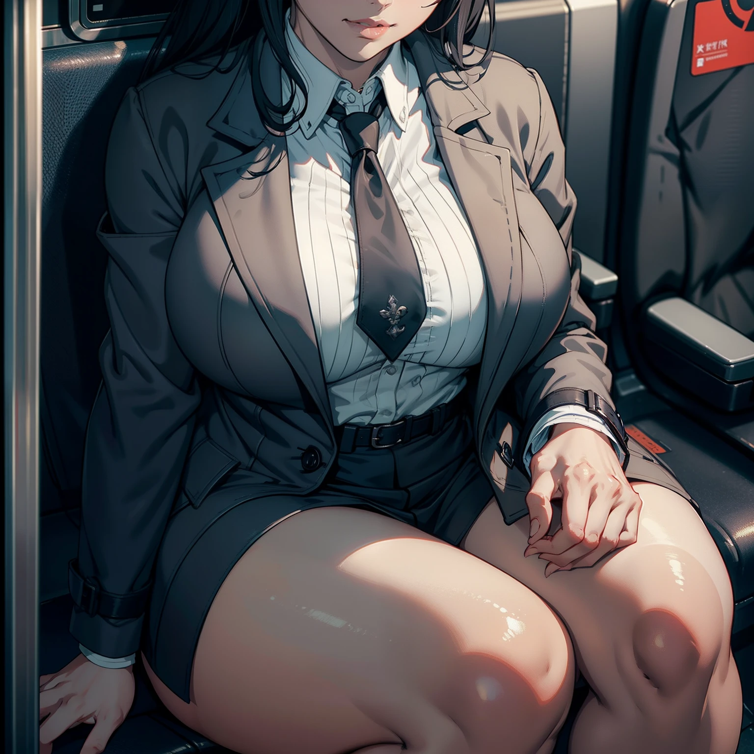 Office Lady, Gray trench coat ,((close-up on legs)),Sit in a subway seat,stocklings,The background is an empty subway car,trending on artstationh, Sharp focus,, Intricate details, Highly detailed,, intricate face details,Curvy physique, (Thick body),((Sexual suggestiveness)),vibrant, 4K, Intricate details, big breasts enchanting, Professional manufacturing, 12k resolution,Seductive smile,。.3D, All characters in detailed full body, Highly detailed, vibrant, Ultra high quality, hyper photorealism, Photorealism, rendering by octane