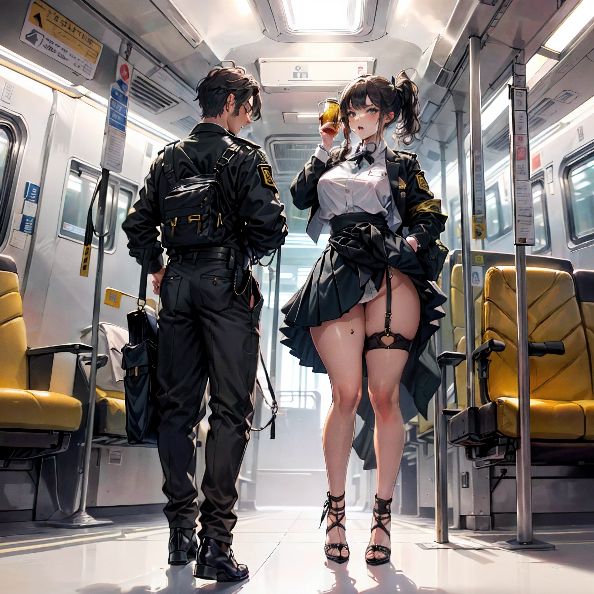 NSFW, Realstic, Masterpiece, Detailed scenario of the interior of a VERY congested metro train, VERY crowded inside the metro train Detailed background, debout incroyablement chaud (Femme 1) Utiliser Sexy ((Uniforme scolaire)), (((Skirt raised)), (gros cul), (thick thirst), (Expression de la peur), visage rougi, old man ass fumbling woman 1 from behind,(((Vieux petit homme pressant sa poitrine sur la femme 1 dos))) et (((holding her waist behind her)))