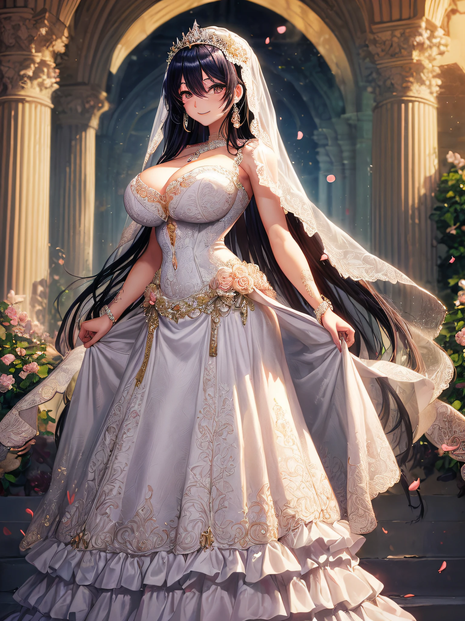 (masterpiece, best quality,moe anime art style:1.2),1girl, (solo), cute, kawaii,digital art,((1 fantasy princess wearing beautiful embroidery and jeweled gorgeous wedding dress with voluminous full length hoop skirt)),crinoline,((voluminous frills)),gorgeous embroidery and beautiful lace,(very gigantic boobs,cleavage,skindentation),((shiny hair,Bangs between eyes,voluminous straight hair,extremely Long straight Hair)),(finely detailed face and eye),smile,extremely gorgeousfull jeweled tiara,((bling-bling gorgeous gemstone jewelry)),long wedding veil,((standing in beautiful garden)),flowers,flower petals flowing,((beautiful embroidery and jeweled gorgeous wedding dress with voluminous full length hoop skirt))