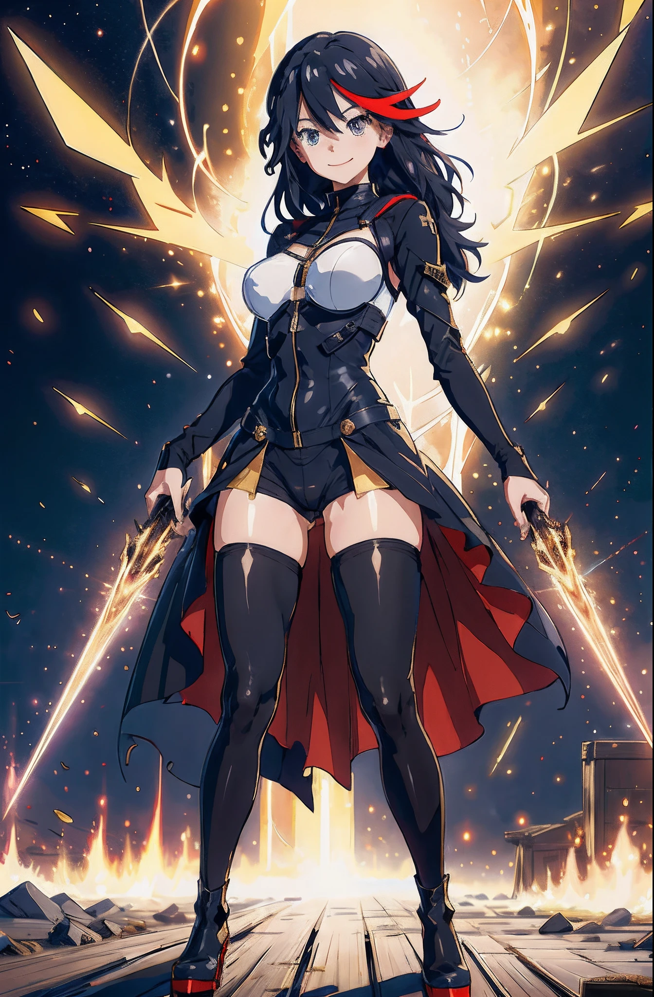 Anime, flying through the sky with black angel wings, golden leotard armor, In Battle, Chaos, shooting laser beams from hands, masterpiece ,pantyhose, boots,magicagirl body suit, large skirt, smile, long skirt,standing,smile forest,matoi ryuuko, pants, vest, pullover, coat, full body