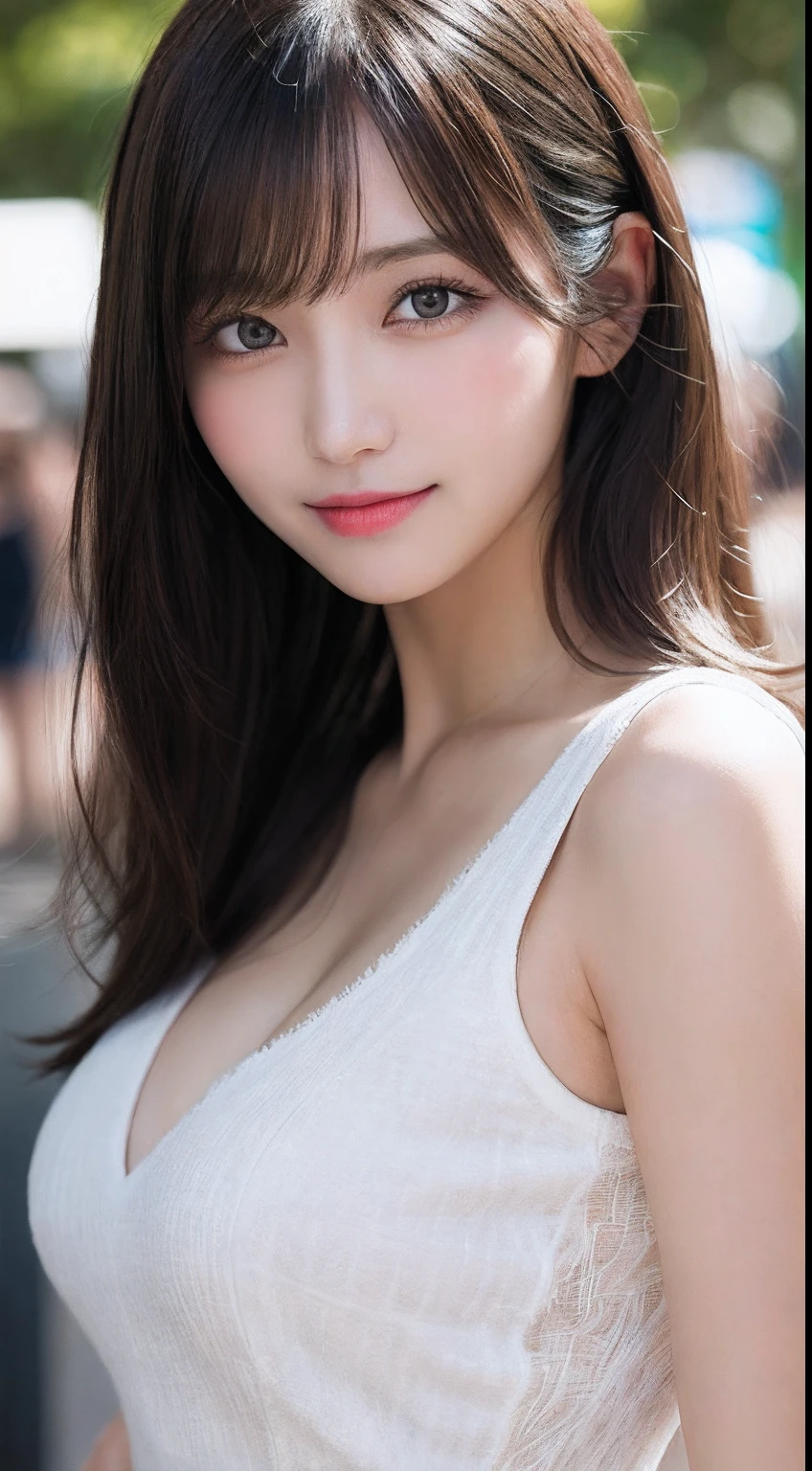 upper body, masterpiece, best quality, raw photo, photorealistic, big, face light, shiny skin, high resolution, ultra detail, detail, detailed eyes and face, sharp pupils, realistic pupils, sharp focus, evil smile, street, brown hair, shiny breasts, camisole