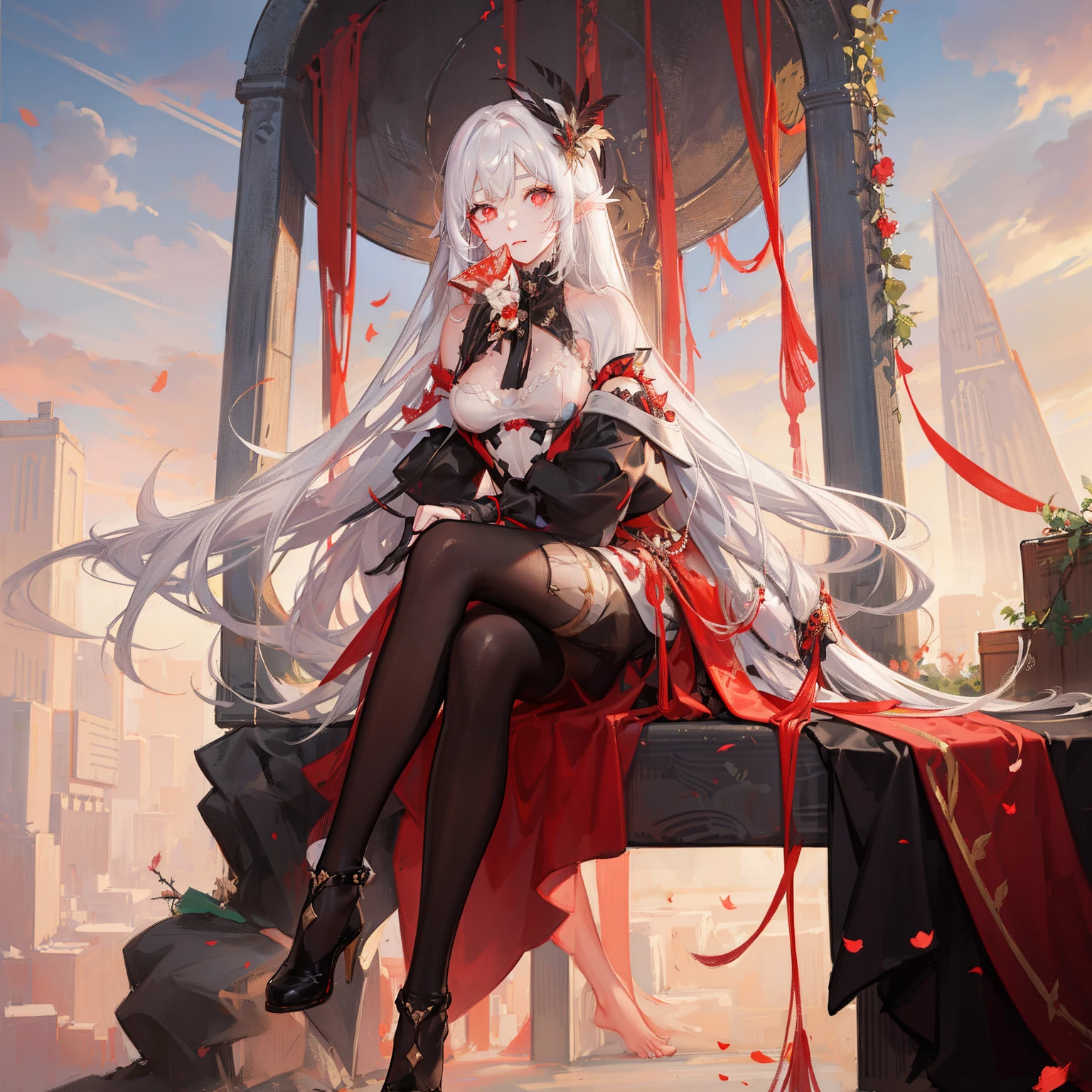 Woman with long straight white hair, half gathered, half loose, white face, red lips, red patterns on her face, in black outfit, with a feather fan in her hands, tired sad look, sitting on swing, against the background of a golden sunset