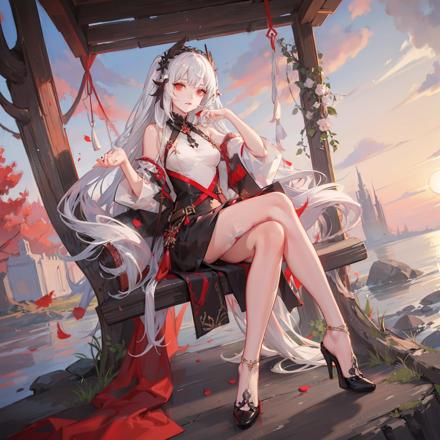 a girl, sexually suggestive, sitting, full color, Long white hair, Red eyes ,Eyeliner, Red, open air, Rose, night, ruins, Butterfly,mine same as the original, mine, , (:1.2) rest, (cheongsam), (view from below), (place one's arms behind one's back), (wild lift), thin dress, Crotch cutout, best quality, high resolution, unified 8k wallpaper, (illustration:0.8), (beautiful and delicate eyes:1.6), extremely detailed face, perfect lighting, Very detailed cg, (perfect hands, perfect anatomy), soles of feet,sitting,blond,red lips,Acting cute,Feet close up,Soon,Complete feet,white,close up, ((Nude)), ((naked)), ((from below:1.3)), ((beautiful feet, toes)), ((fully naked, no clothes)).