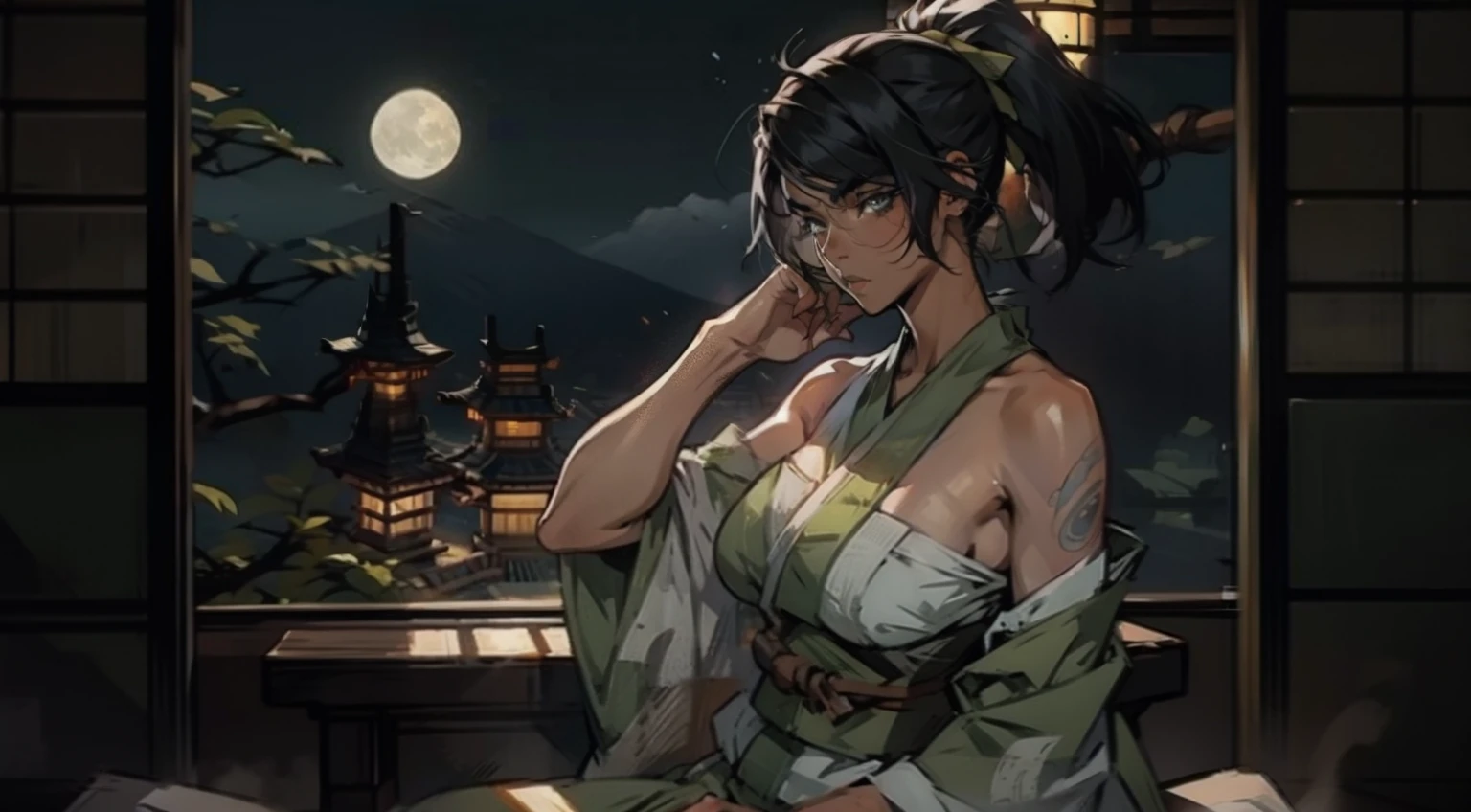 ((best quality)), ((masterpiece)), (detailed), perfect face, ((curvy (mature African girl:1.4) with (long grey cornrows), (green eyes:1.3), (small breasts:1.4), (stretch marks, plump thighs), wearing open transparent red silk yukata, knee-high stockings, tribal tattoos)), ((freckles on face, freckles on chest)), (sitting on grass outside of cannabis sativa tree Park), legs spread apart, (full body in frame), seductive, lip biting, shy face, confident pose, quilted sheets, starry night sky atmosphere, high angle shot