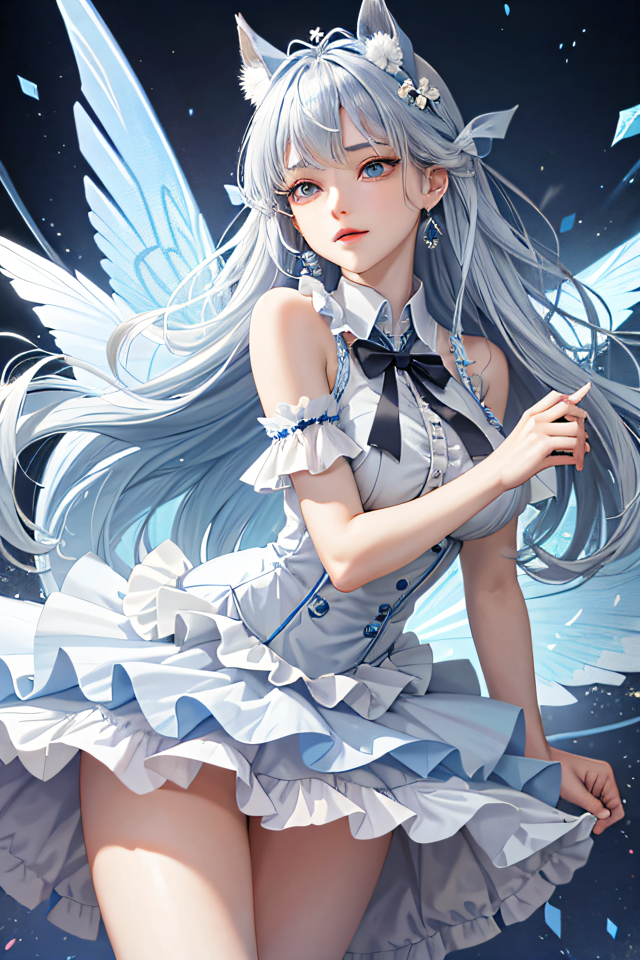 (Face focus)、(1womanl、独奏、Crystal clear white skin、Beautiful fece)、(blue hairs、Gray hair at the ends of the hair、Blue eyes、Elegant smile)、Horse Ears、Morning glory fairy、Blue ruffled skirt and dress、Fairy wings、Morning glory blooms、White underwear、Miniskirt、Big tits、Any posture、Open the crotch、roll eyes、scissor hands、Lots of sex toys