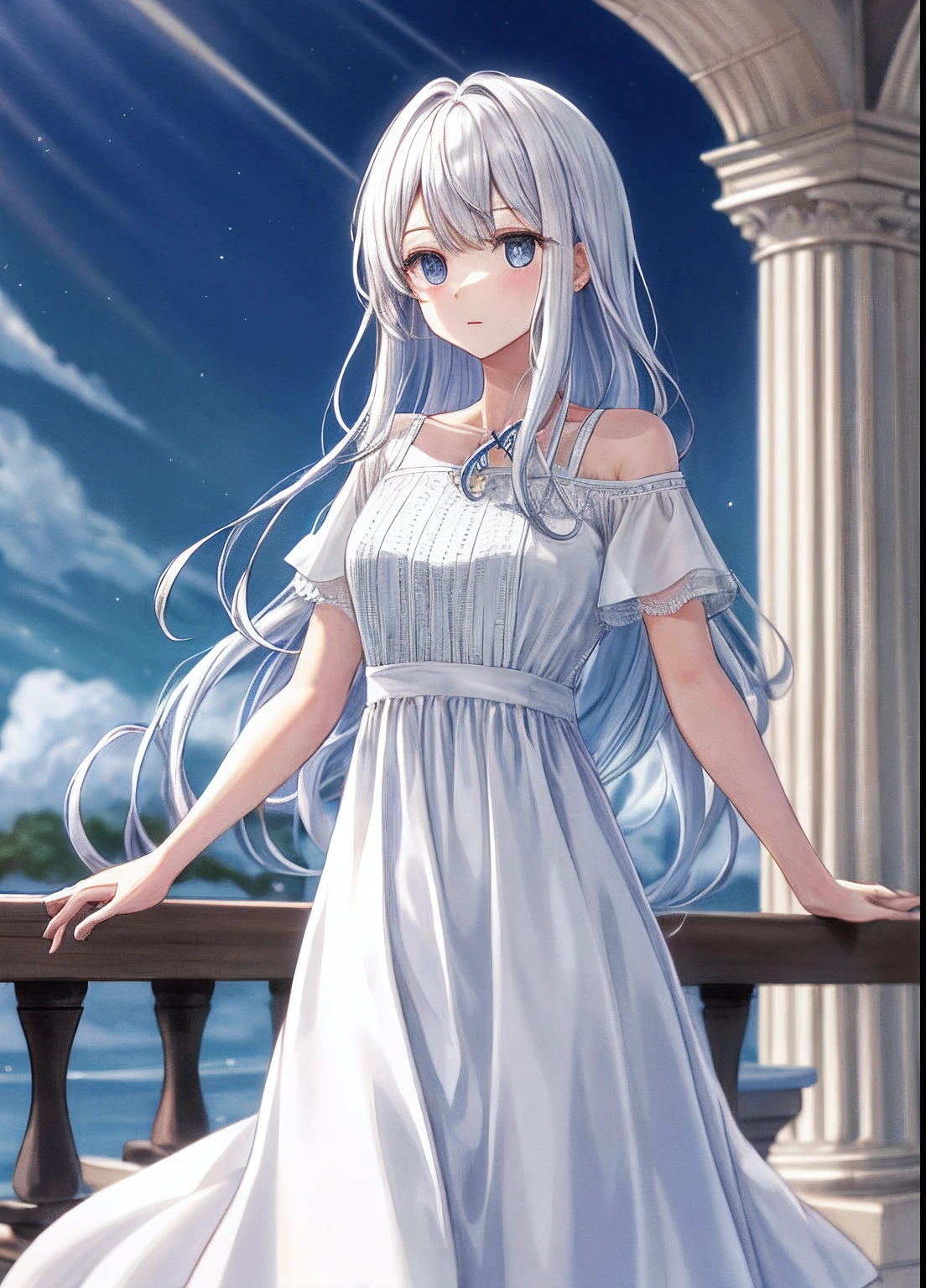 longspear,whaite hair,White dress