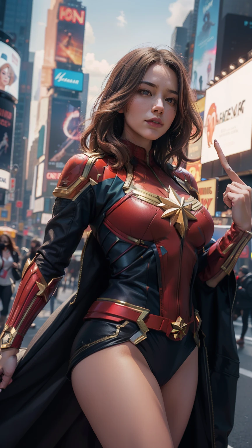 New York, time square, Female body defines big breasts，Captain Marvel costume dress，cleavage，naked chest，exposed panties，Don't wear panties，Thick thighs, (Best Quality: 1.0), (Ultra Highres): 1.0) , highly detailed face and eyes, (photorealistic: 1.2)