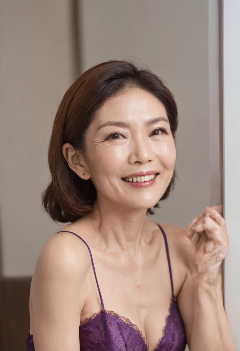 ((aunt:1.1))、(Old face:1.1)、((Beautiful Japan 55 years old naked、A smile、Laughter wrinkles、kneeing on bed、in a luxury hotel、Beautiful Western-style suite with luxurious décor))、Purple bra and purple panties、(Slender Body 1)(very small breasts)(Saggy)Gravure photography、Photo Pose、(Shiny face、Sexy face、美丽的面容)、Wrinkles at the corners of the eyes、Shorthair、full body photographed、40-year-old married woman、real looking skin、Photo Real、detailed picture、high-level image quality、、Precise images、full body photographed