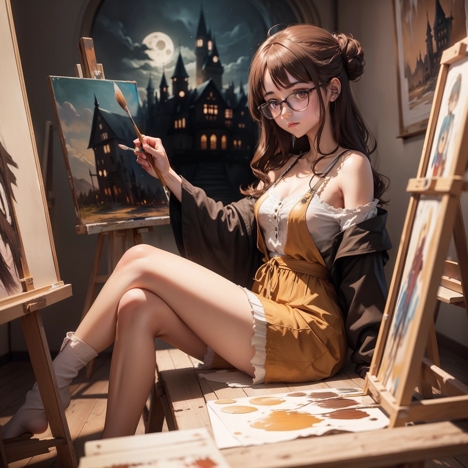 Full body picture of an Anime girl with glasses and brown shoulder length hair, Sitting at an easel with a paint brush painting a picture of a spooky castle. The background is an art studio.