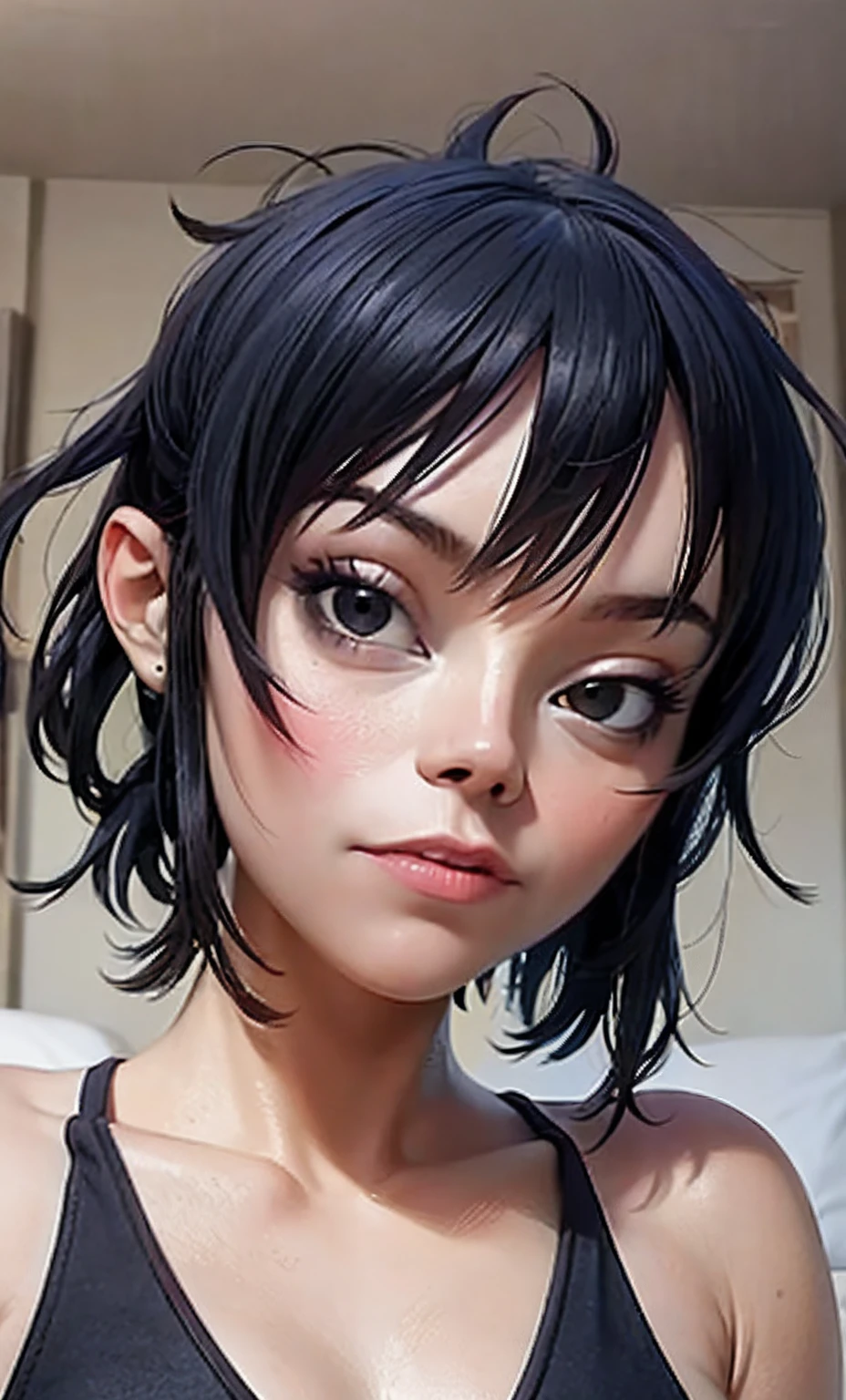 (masterpiece, best quality:1.2), noodle (gorillaz), black hair, 1girl, streaked hair, black eyes, multicolored hair, bangs, parted lips, breasts, small breasts, bob cut, masterpiece, ,(solo:1.1), perfect face, (bright lighting:1.2),beautiful detailed eyes, extremely detailed face, perfect lighting,masterpiece, 1girl, cuddling handjob, pov, 1boy, ,, masterpiece, best quality, highly detailed