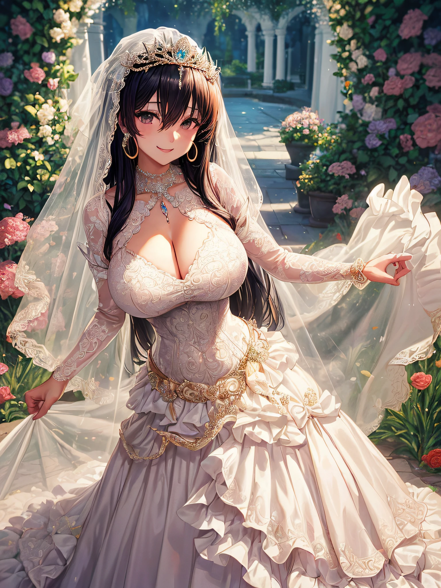(masterpiece, best quality,moe anime art style:1.2),1girl, (solo), cute, kawaii,digital art,((1 fantasy princess wearing beautiful embroidery and jeweled gorgeous wedding dress with voluminous full length hoop skirt)),crinoline,((voluminous frills)),gorgeous embroidery and beautiful lace,(very gigantic boobs,cleavage,skindentation),((shiny hair,Bangs between eyes,voluminous straight hair,extremely Long straight Hair)),(finely detailed face and eye),smile,extremely gorgeousfull jeweled tiara,((bling-bling gorgeous gemstone jewelry)),long wedding veil,((standing in beautiful garden)),flowers,flower petals flowing,((beautiful embroidery and jeweled gorgeous wedding dress with voluminous full length hoop skirt))