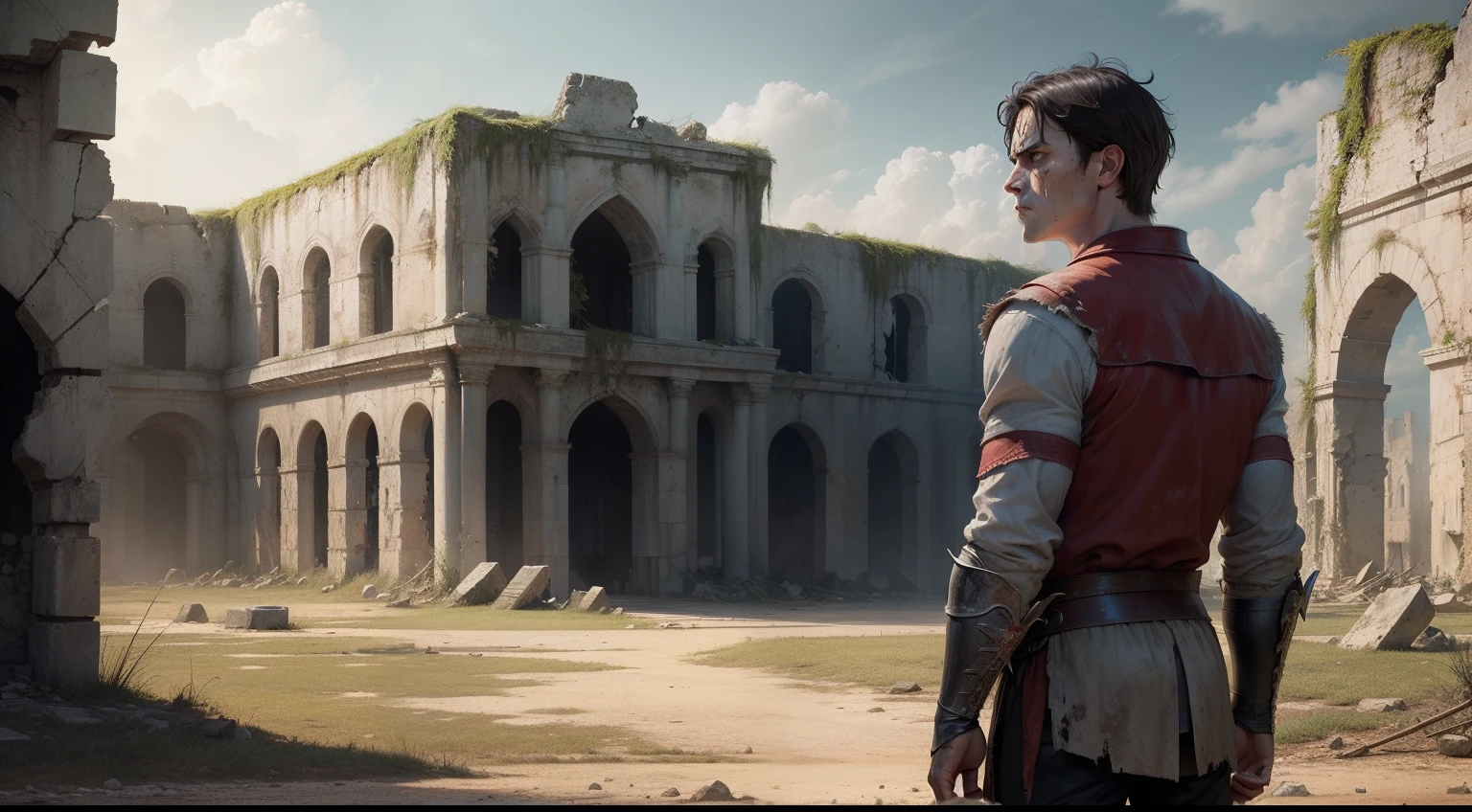 A broken-hearted Jason stands in the ruins of his once-great kingdom, his face a feeling of sorrow and regret.