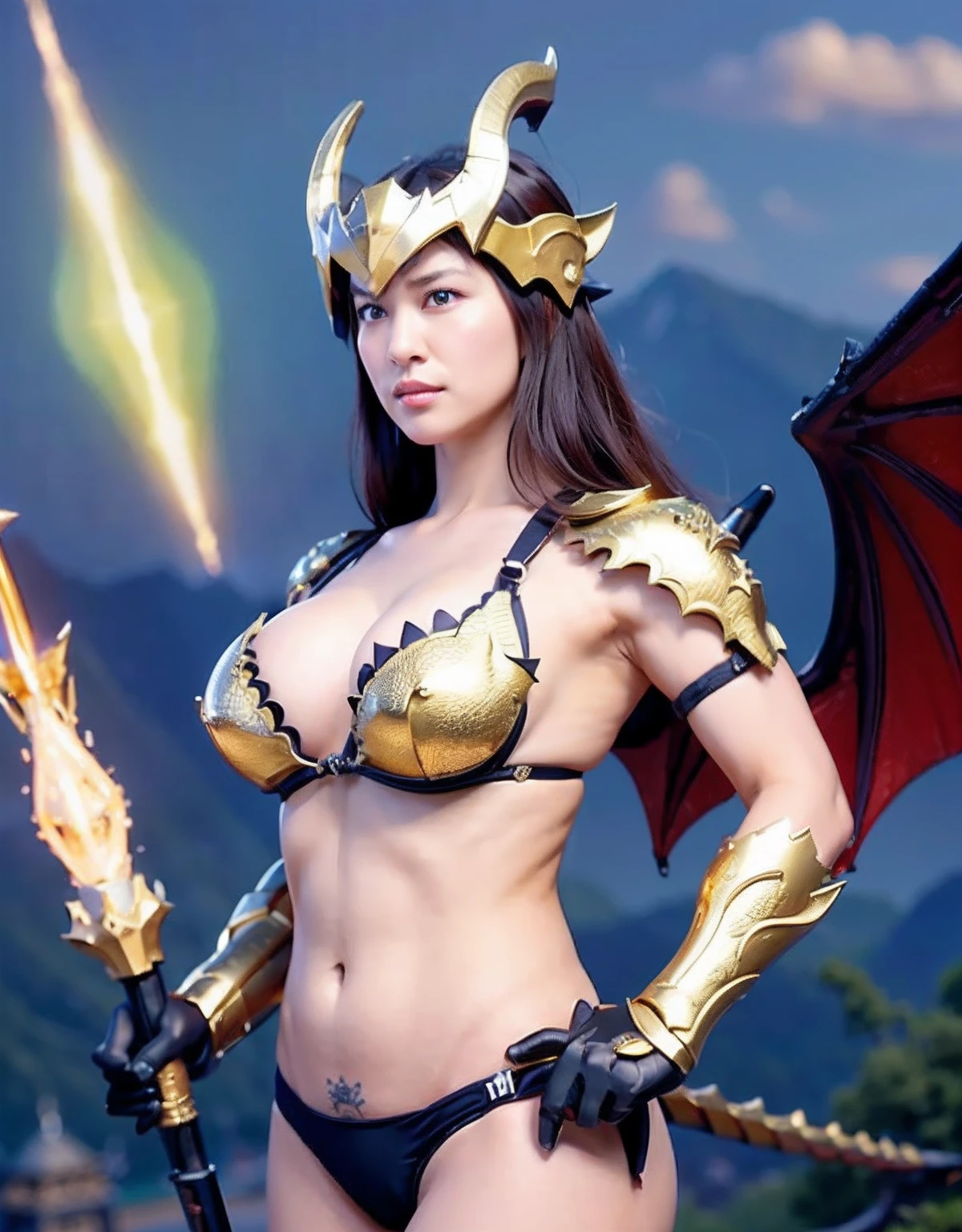 Professional , ​masterpiece、top-quality、photos realistic , depth of fields 、（Dragon Black Metal Body:1.９),(Mattretto、（cleavage of the breast）、Dragon Gold Weapon、（Micro Bikini Armor:1.４),Gorgeous gold weapons ,Particles of light、Particles of light、（（ Dragon's dense and gorgeous sword）） , （demonic wings）、（（a blond））、（Castle background）、Fight dragons、（（Gangle's forest background））、Take intense poses、Beautiful Caucasian beauty、１a person、dynamic ungle,(((Detailed and ornate dragon helmet)))、Smaller head、A smile、Castle background、Thin and beautiful female hands、cleavage of the breast、Soldier in iron armor on background、Mystical expression、Light Effects、intense fighting、Wind-effect、magic circles、With the legendary magic wand、Dragon's tail、explosions、