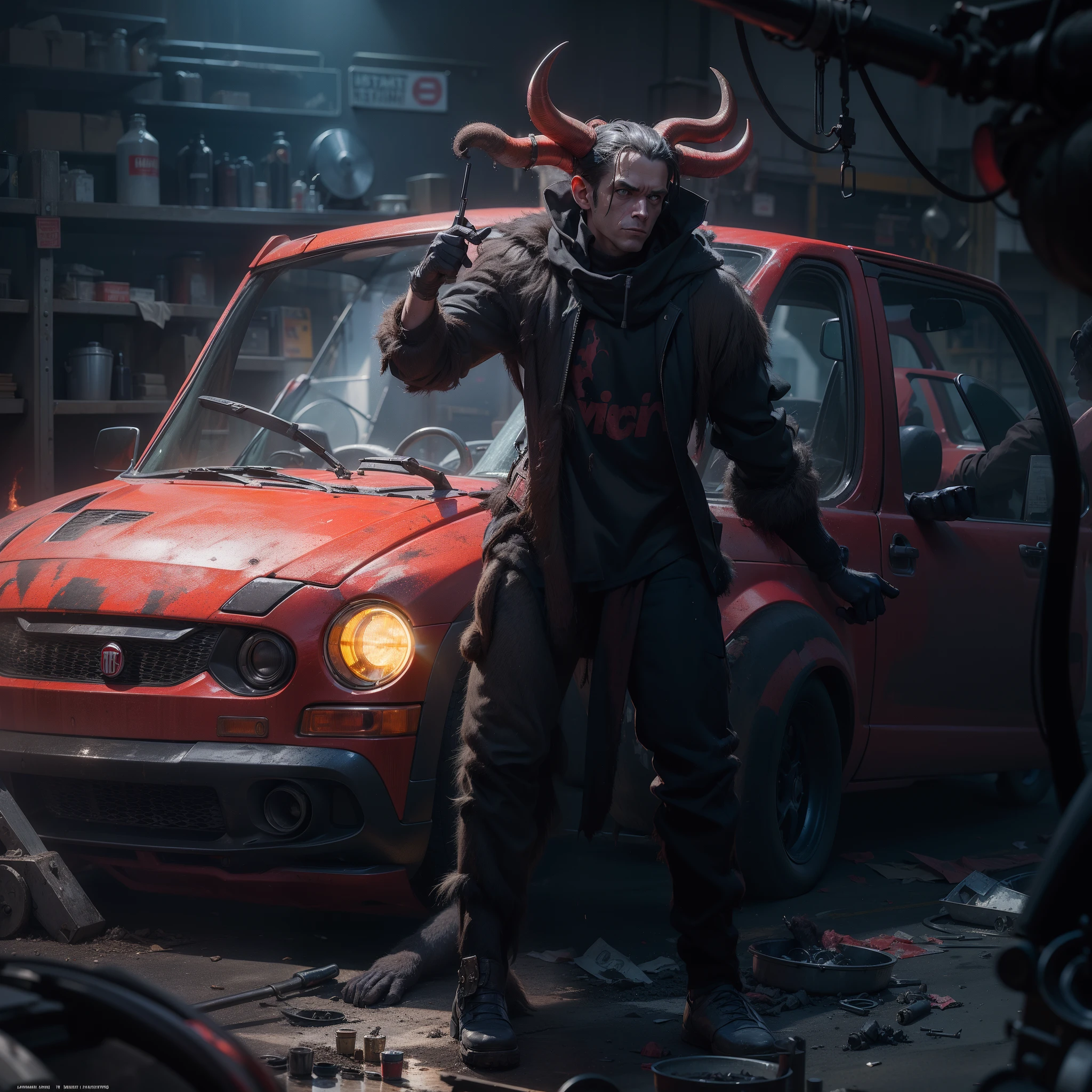 (devil in a mechanic workshop:1.5 | monkey clothes:1.2) all dirty with grease, Fiat Marea car, dark climate, horns showing, concept art, 8k concept art, digital art, epic illustration, 8k wallpaper.