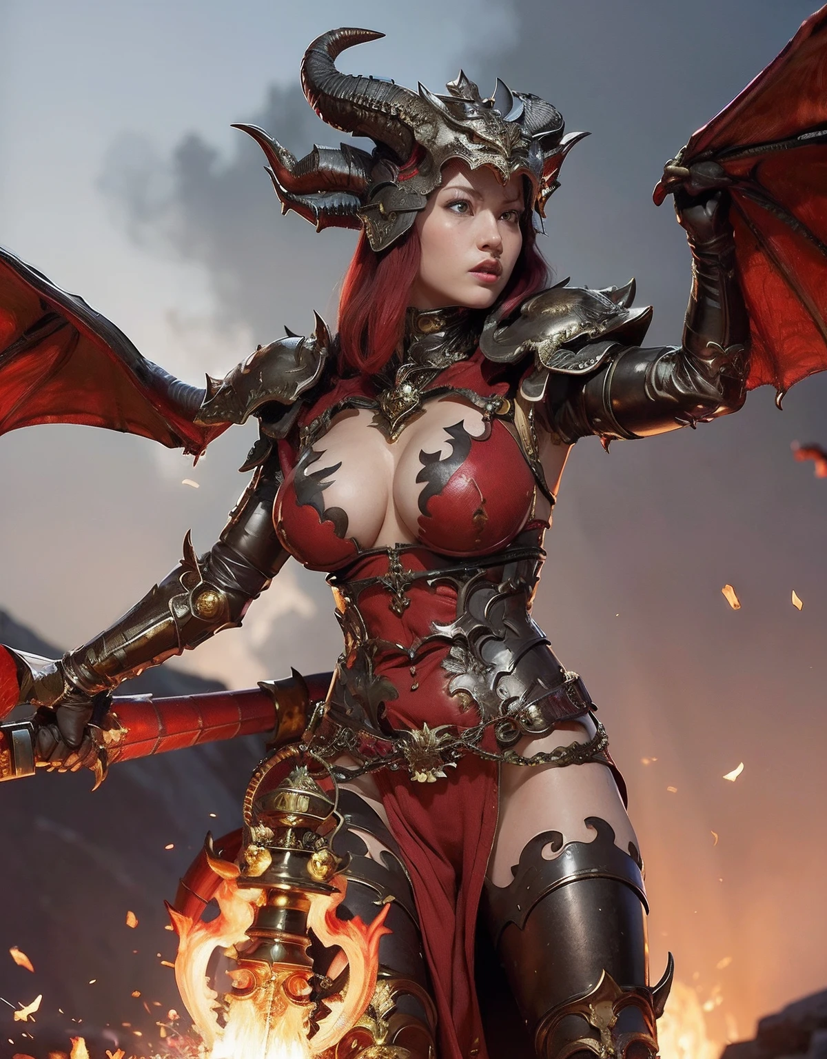 Professional , masterpiece、top-quality、photos realistic , depth of fields 、(Dragon Red Metal Body:1.9),(Enamel Red、(cleavage of the breast)、Dragon Gold Weapon、(Red Micro Bikini Armor:1.4),Gorgeous gold weapons ,(Riding a Demon Beast),(( Dragon's dense and gorgeous sword)) , (demonic wings)、((a blond))、(Castle background)、((Gangle's forest background))、((Fight dragons))、Beautiful Caucasian beauty、1a person、dynamic ungle,(((Detailed and ornate dragon helmet)))、Smaller head、A smile、Castle background、Thin and beautiful female hands、cleavage of the breast、Soldier in iron armor on background、Mystical expression、Light Effects、intense fighting、Wind-effect、magic circles、With the legendary magic wand、Dragon's tail、explosions、Anatomically correct body、
