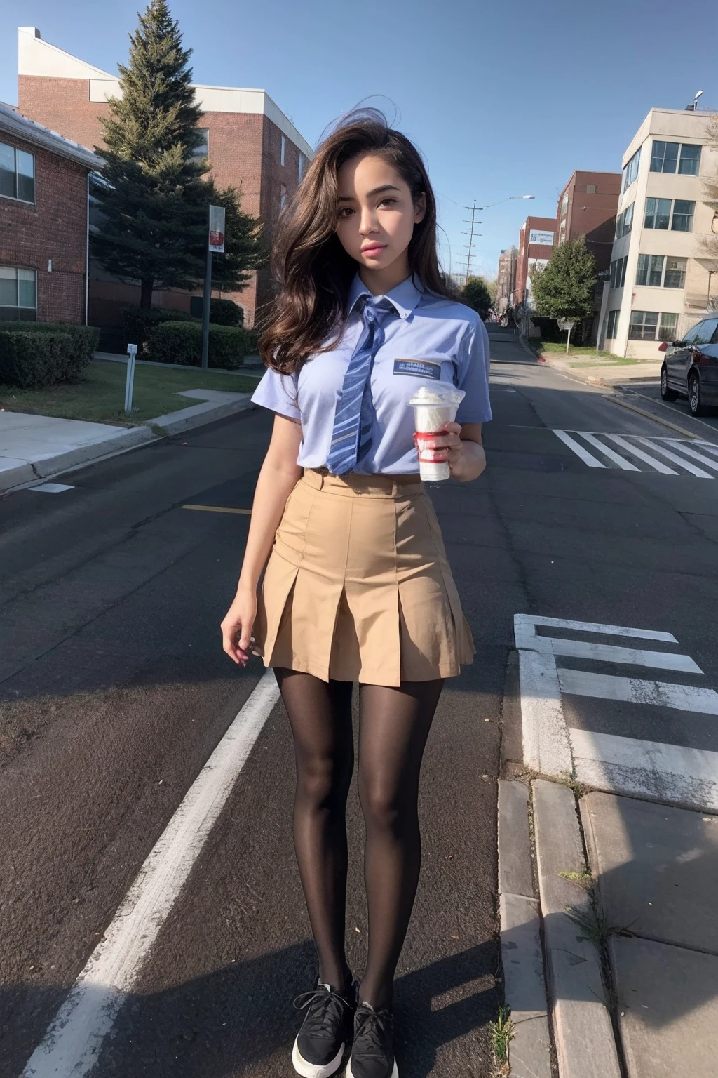 show entire body, feet in view, realistic, gorgeous 16y.o. light skinned mixed race female, American school uniform, pantyhose, school yard legs open, sunny day, cityscape, no shoes
