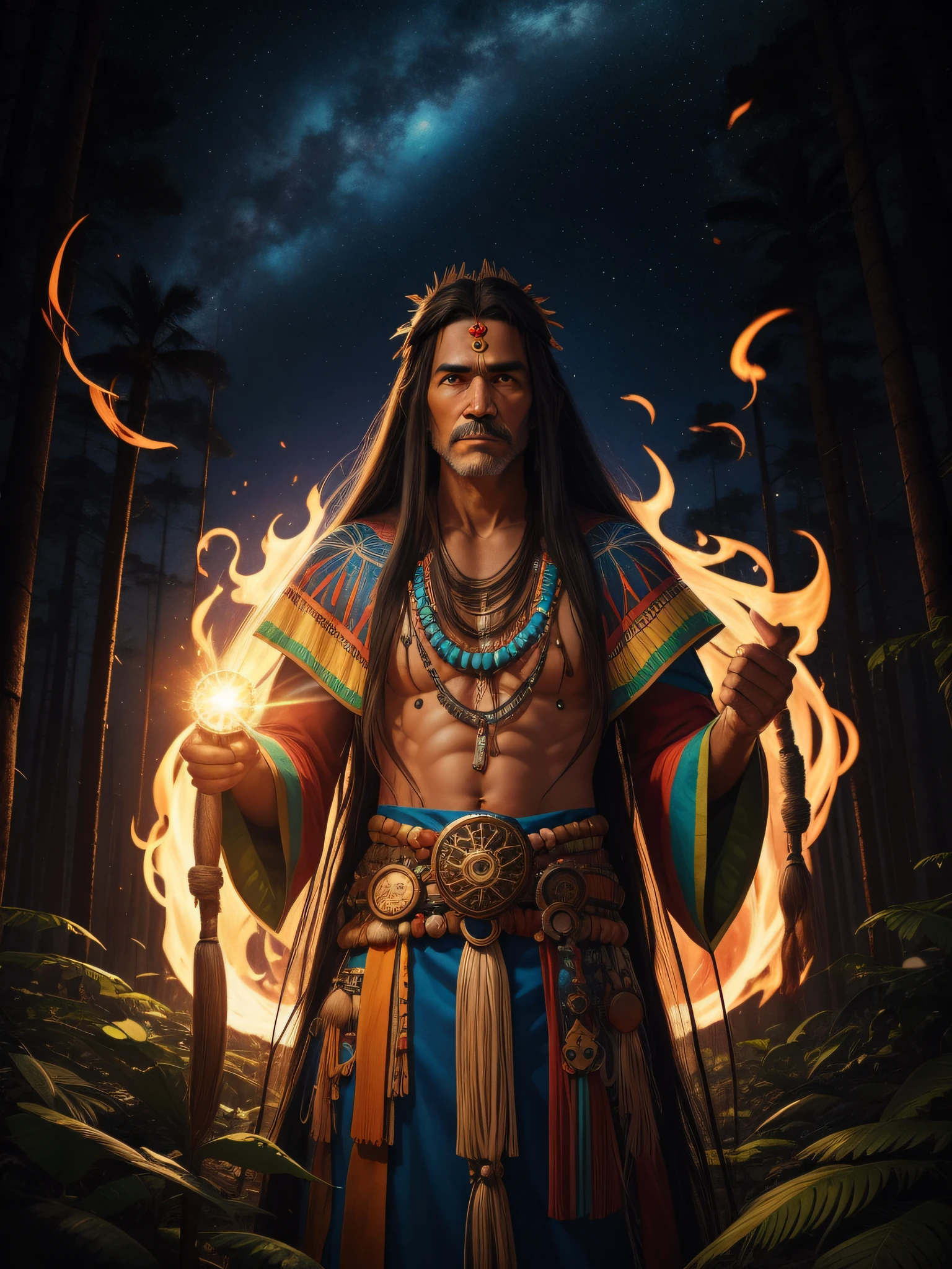 close up photo of a Native Brazilian old shaman men with a long black hair in amazonia forest , shamanic dreaming, psychedelic , amazonia forest connection, cosmic being, Sacred, psychedelic , psychedelic design, Aura, becoming spiritual, DMT, ayahuasca brazilian native culture connection, masterpiece of psychedelic colors background, ultrarealistic photorealistic, 8k, artstation.The artwork should have photo-realistic, ultra-realistic, hyper-realistic, 3d anime style vector, 3d full shot, standing pose, cosmic, outer space, and fire colors Artwork styles, highly detailed, highly detailed symmetric beautiful hazel eyes, highly detailed gorgeous face, dynamic pose, ethereal, mystical, splatter drippings, paper texture, pulp Manga, and perfect shading, with dramatic lighting. The artwork should be centered, stylized, and elaborate.