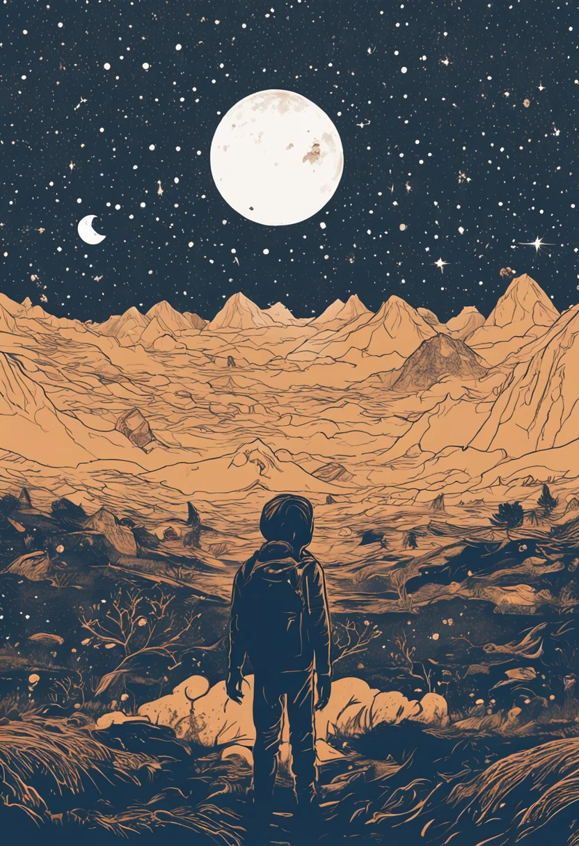 em uma noite estrelada, where the sky was covered by a cloak of brilliance, conhecemos o pequeno Leo. Ele era um curioso, com olhos brilhantes e um sorriso cheio de entusiasmo. toda noite, He looked out the bedroom window and dreamed of traveling into space. O Pequeno Astronauta, various poses and expressions, Children's book illustration style, simples, Pescador, cores, cabelos castanhos curtos, Cor Lisa |, camisa branca de manga curta, shorts jeans sem cinto, without a hat, sem livro, without glasses, sem mochila, 6 anos, fundo branco