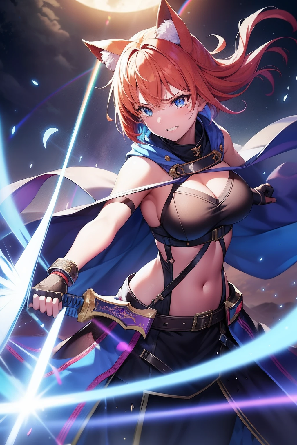 Cat's ears,Her hair is orange、Short hairstyle,A big rainbow shines behind you,Goggles shine on her head,Her skin is pale, A rainbow and a spiral of light enveloped me like a snake in an interstellar wind,She is a ninja Kuichi, holding samurai sword,dual-wielding,Unleash the Blade of Light,Breasts are a great cutting board,She laughs with tears in her eyes, She has a gun in the middle, Highest Quality, Carry a blue cloak with war maiden decorations,Raise the railgun, ((hatred))((saddened)), 8 Blue Light Sword,Blade of Light,Lens Flare, Big rainbow,The moon shines,Star chips, bloom, ((light glow)), chromatic abberation], Digital Painting, Insane details, Intricate details, Beautifully color graded, Unreal Engine, Cinematic , colour grading, Editorial Photography , Photography, Photo Shot, Shot on 70mm lens, depth of fields, degrees of freedom, Tilt Blur, Shutter Speed 1/1000, h/22