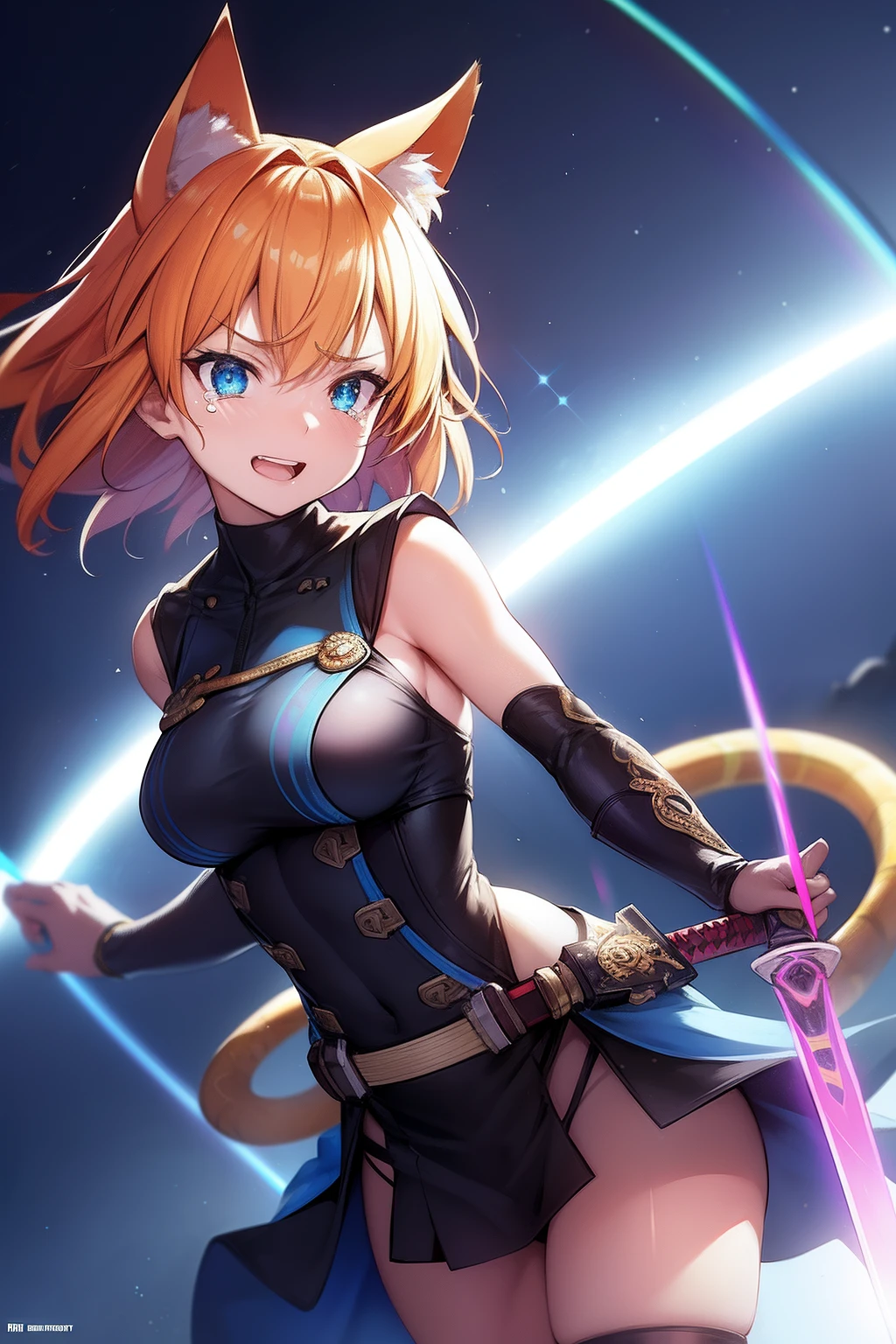 Cat's ears,Her hair is orange、Short hairstyle,A big rainbow shines behind you,Goggles shine on her head,Her skin is pale, A rainbow and a spiral of light enveloped me like a snake in an interstellar wind,She is a ninja Kuichi, holding samurai sword,dual-wielding,Unleash the Blade of Light,Breasts are a great cutting board,She laughs with tears in her eyes, She has a gun in the middle, Highest Quality, Carry a blue cloak with war maiden decorations,Raise the railgun, ((hatred))((saddened)), 8 Blue Light Sword,Blade of Light,Lens Flare, Big rainbow,The moon shines,Star chips, bloom, ((light glow)), chromatic abberation], Digital Painting, Insane details, Intricate details, Beautifully color graded, Unreal Engine, Cinematic , colour grading, Editorial Photography , Photography, Photo Shot, Shot on 70mm lens, depth of fields, degrees of freedom, Tilt Blur, Shutter Speed 1/1000, h/22