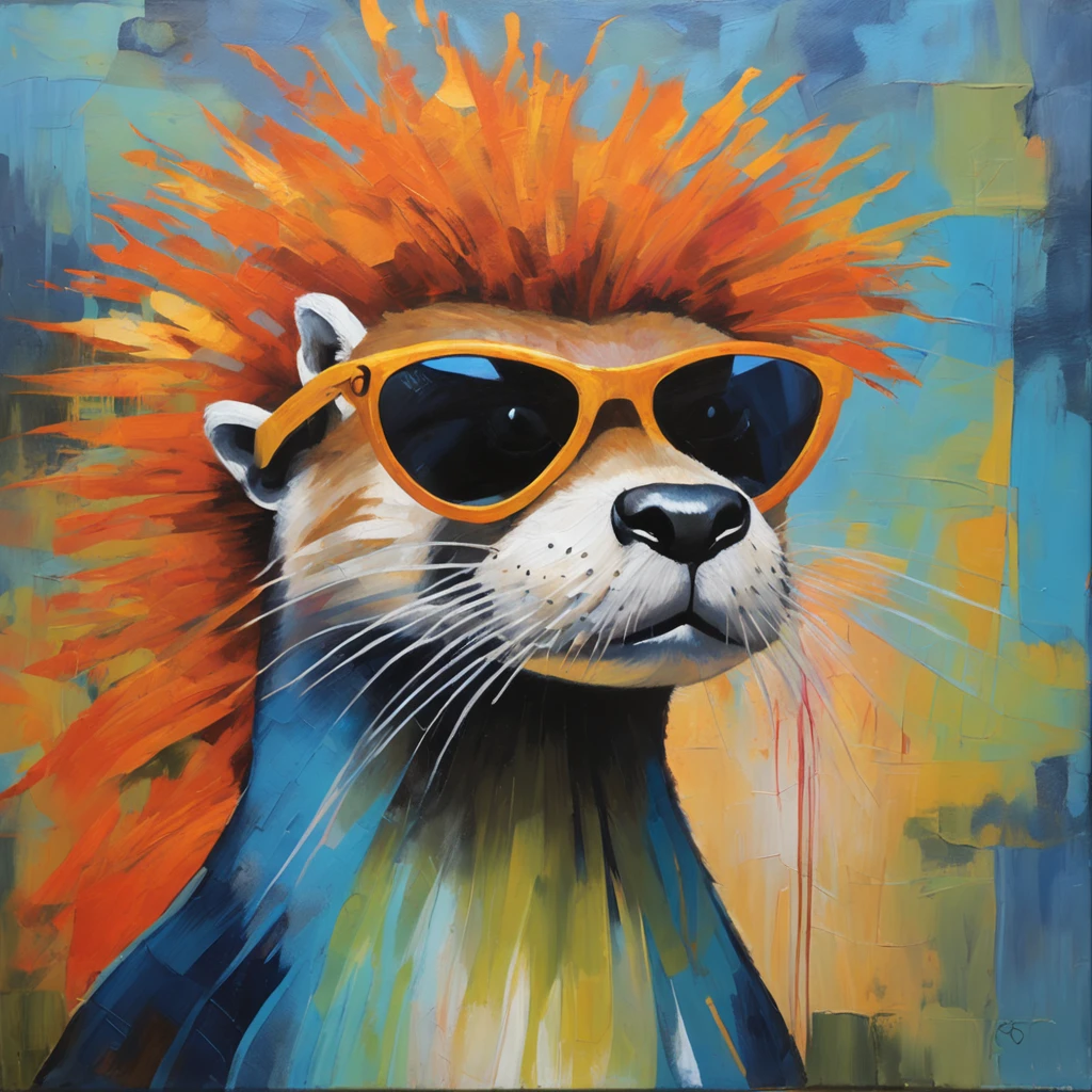"A cartoon otter wearing black sunglasses and sporting a ginger mohawk hair, depicted in a front side view and full length portrait. The background should be an abstract geometric design resembling an oil painting, with vivid colors emphasized (1.3) and a touch of iridescent blue."