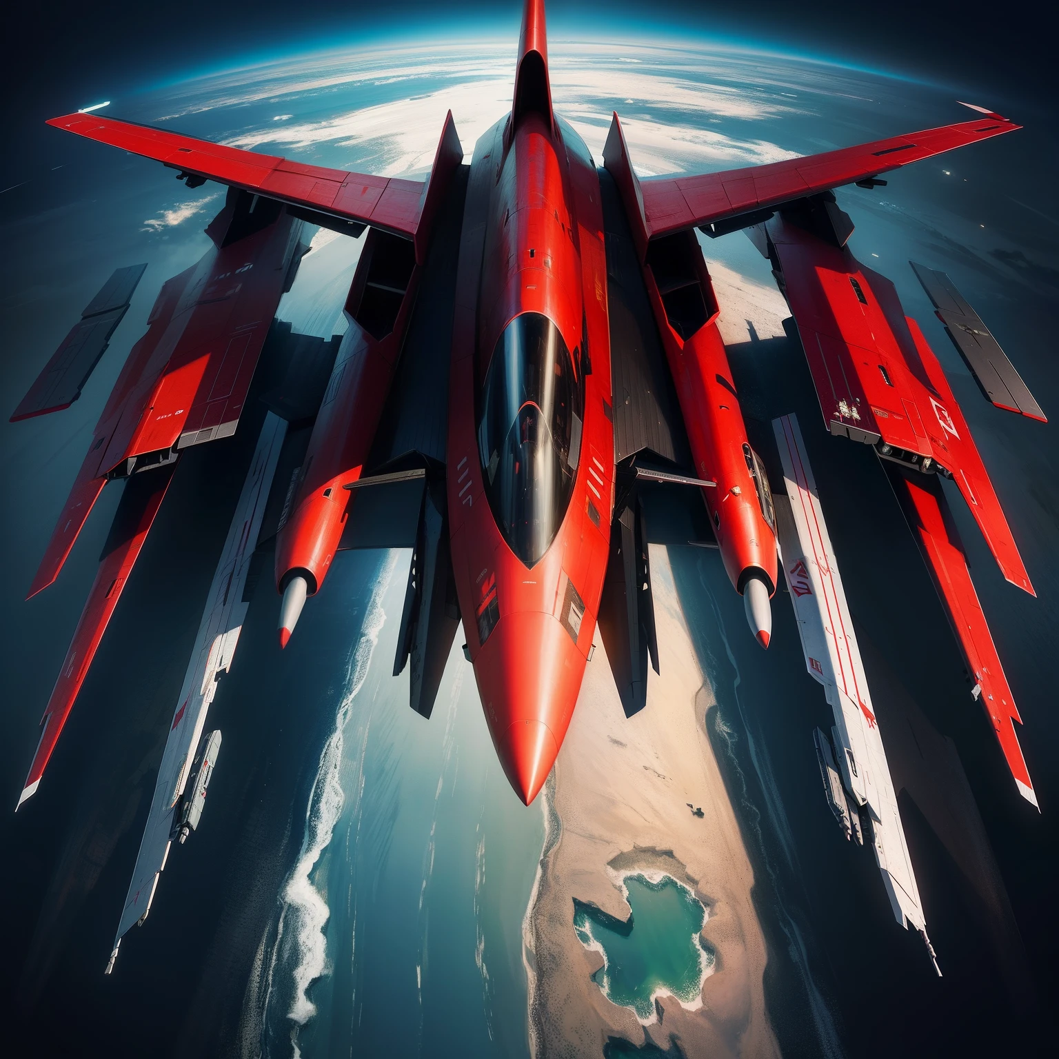 Red jet, Jet fighter, jetfire, Fantasy spaceship, 5th gen fighter, fighter drones, v wing, spaceship design, jetfire!!!!!, fighter jets, Jet fighter, Design a spaceship with a smooth design, shmup, it has six thrusters in the back, metalictexture, Advancedsense，cyber punk style，with black background，deep dark background，Top view of metal airplane on black background, 2 d overhead view, Top down top view