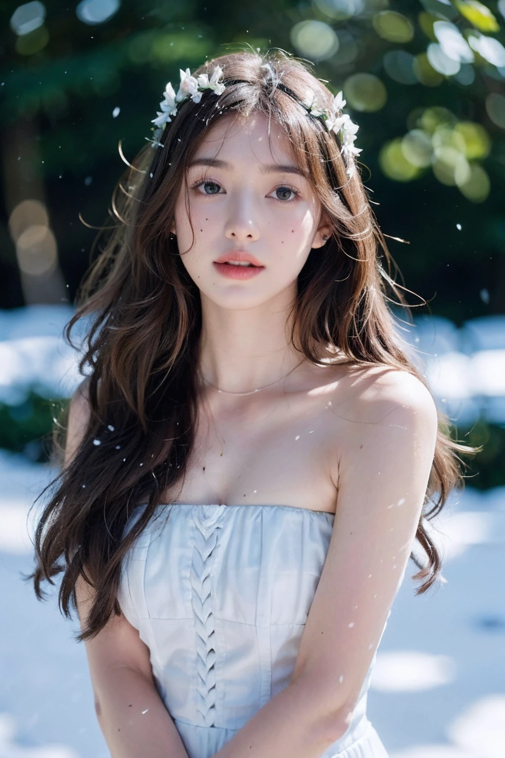 1girll, solo, flower, long whitr hair, The ultra-realistice, Top-level light rendering,Green Forest Park, Holding, holding flower, Brown hair, Look to the lens, The background is blurred out, Moles under eyes, Blurry, dark mole, The upper part of the body, Brown eyes, flor branca, Wear a delicate and beautiful garland on your head, Lips, White rose, Arms spread wide,Enjoy the afternoon sun,8k raw photo, butterfly around body, dreammy bg, ((a point snow on the nose))