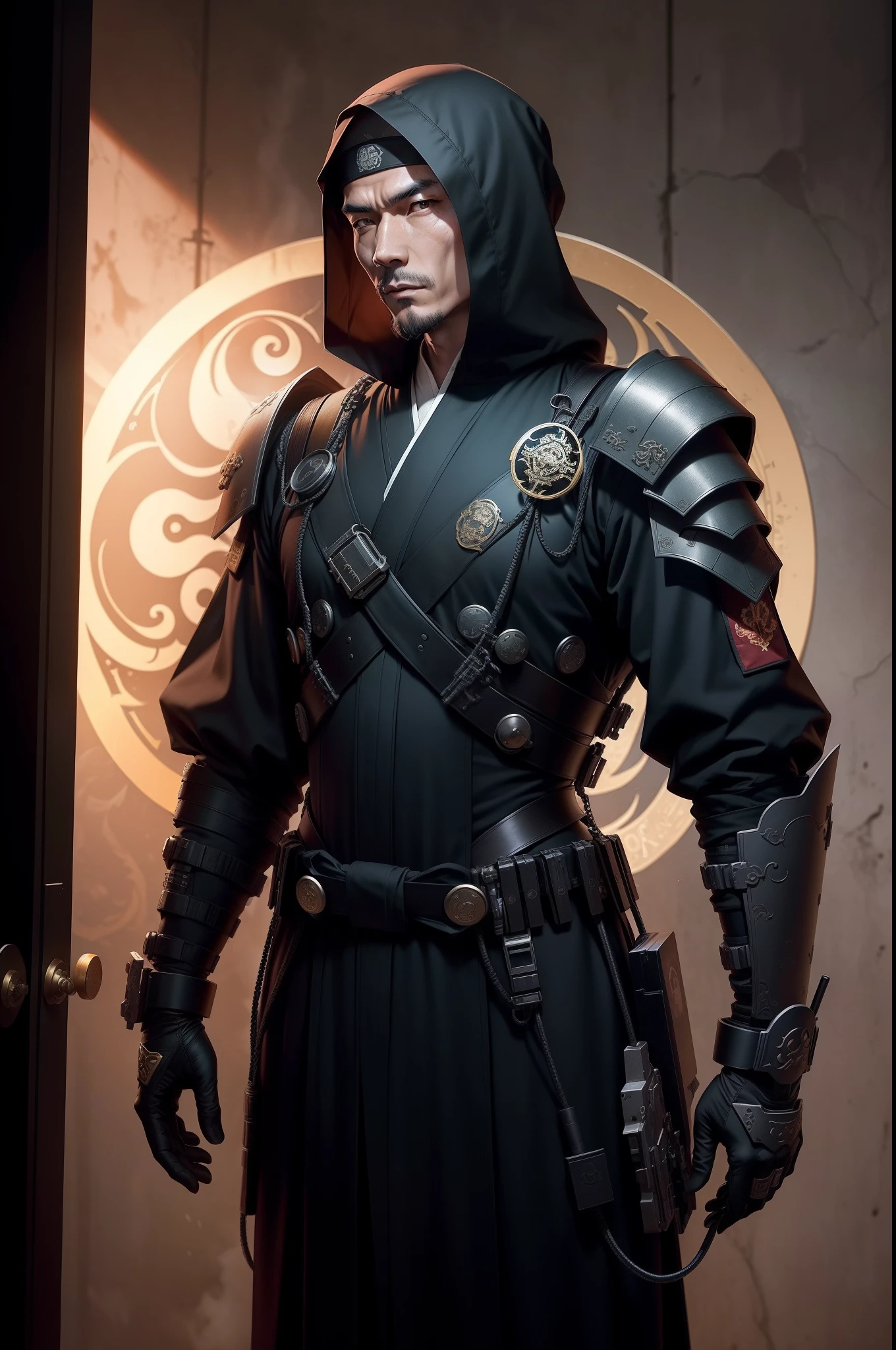 Eschatological,Mercenary,Military equipment,Taoist robes,Taoist,Taoist,yin yang,Advanced exoskeleton,Advanced equipment,It looks vicissitudes,Firearms,废墟,Cthulhu,Chinese outfit,Taoist robes,