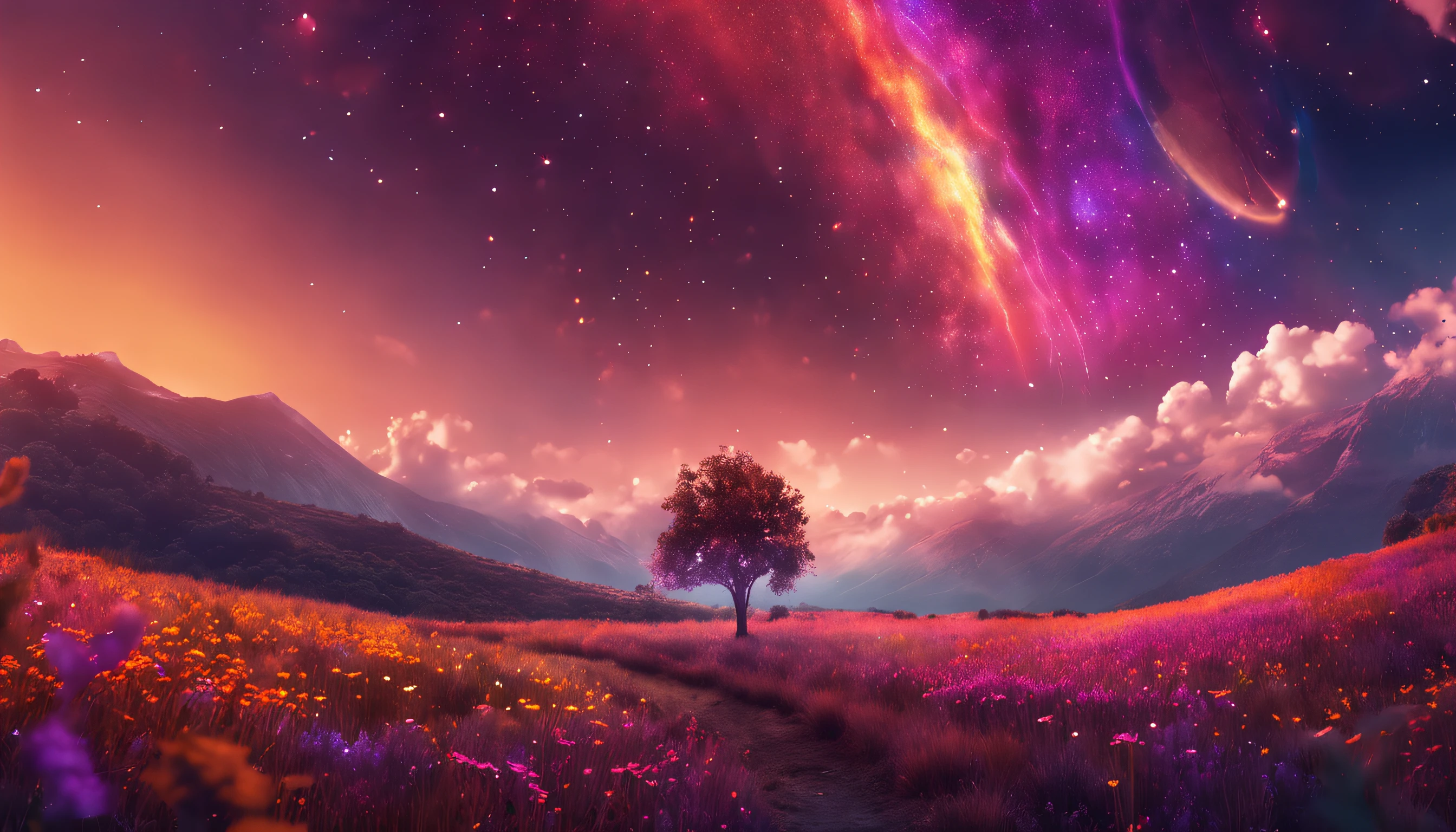 A wide landscape photo, (viewed from below, the sky is above, and the open field is below), a girl standing on a flower field looking up, (full moon: 1.2), (meteor: 0.9), (nebula: 1.3), distant mountains , Trees BREAK Crafting Art, (Warm Light: 1.2), (Firefly: 1.2), Lights, Lots of Purple and Orange, Intricate Details, Volumetric Lighting BREAK (Masterpiece: 1.2), (Best Quality), 4k, Ultra Detailed, (Dynamic Composition: 1.4), Rich in Detail and Color, (Rainbow Color: 1.2), (Glow, Atmospheric Lighting), Dreamy, Magical, (Solo: 1.2)