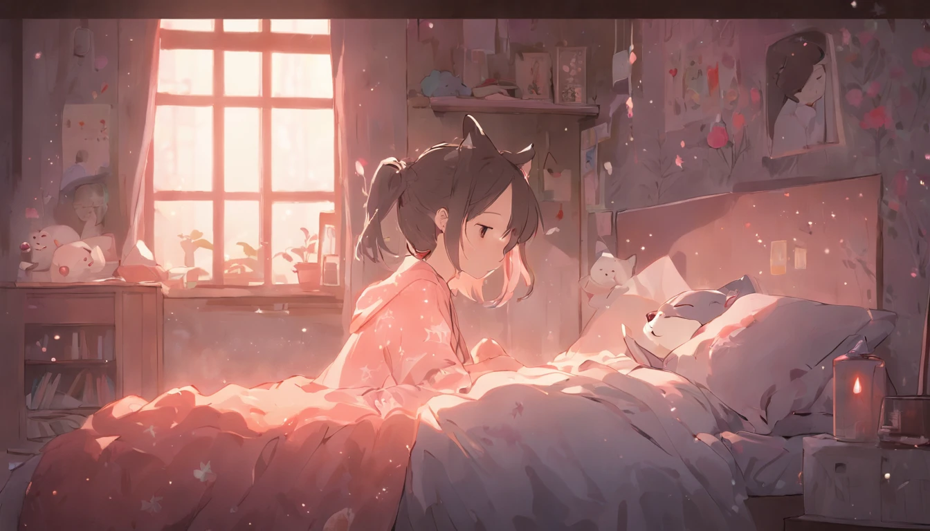 "A serene and cozy girl's room. I see a girl sleeping comfortably under a blanket. The book is spread out next to her head,, Underneath it is a sleeping lamp. There's a cute cat sleeping on the bed. If you look out the window, you can see the night sky full of stars. Please pay attention to realistic and delicate expressions."

The information given in the existing prompt has been reexpressed in Korean. According to the information given, the girl's room and sleeping in it were depicted in a delicate and cozy way.