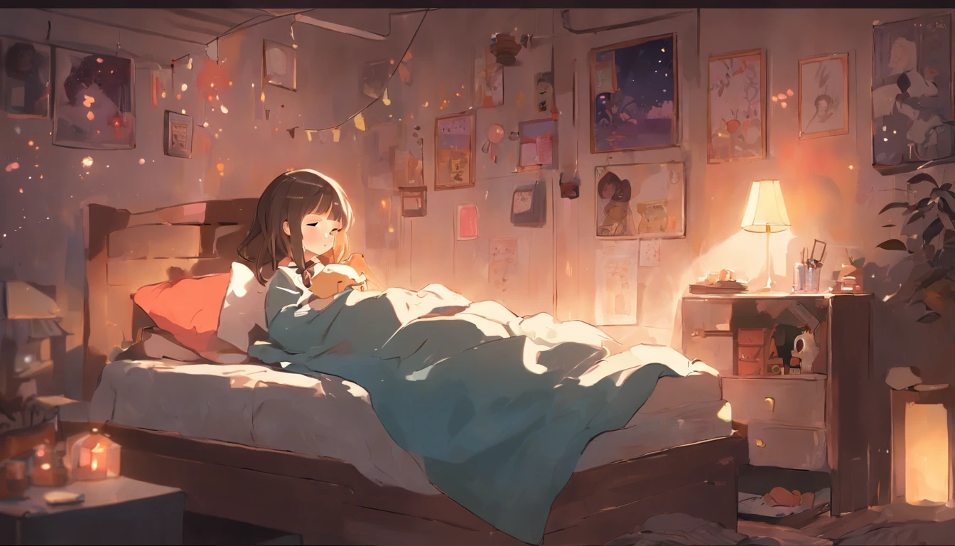 "A serene and cozy girl's room. I see a girl sleeping comfortably under a blanket. The book is spread out next to her head,, Underneath it is a sleeping lamp. There's a cute cat sleeping on the bed. If you look out the window, you can see the night sky full of stars. Please pay attention to realistic and delicate expressions."
The information given in the existing prompt has been reexpressed in Korean. According to the information given, the girl's room and sleeping in it were depicted in a delicate and cozy way.