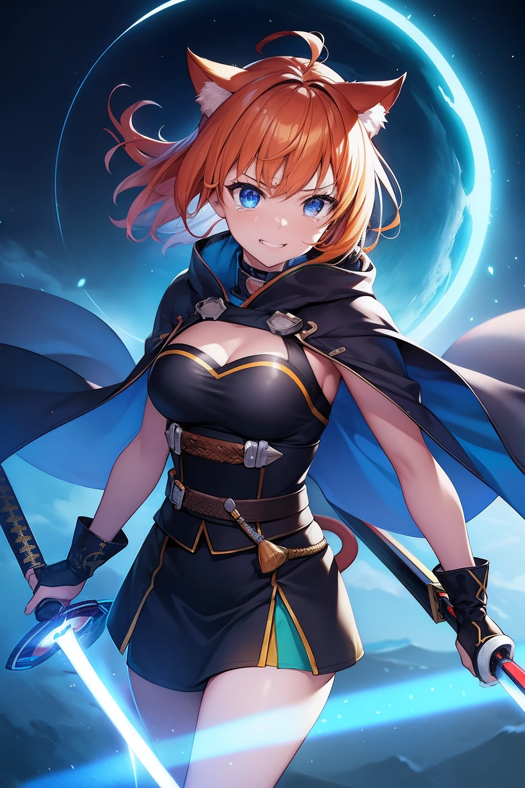 Cat's ears,Her hair is orange、Short hairstyle,A big rainbow shines behind you,Goggles shine on her head,Her skin is pale, A rainbow and a spiral of light enveloped me like a snake in an interstellar wind,She is a ninja Kuichi, holding samurai sword,dual-wielding,Unleash the Blade of Light,Breasts are a great cutting board,She laughs with tears in her eyes, She has a gun in the middle, Highest Quality, Carry a blue cloak with war maiden decorations,Raise the railgun, ((hatred))((saddened)), 8 Blue Light Sword,Blade of Light,Lens Flare, Big rainbow,The moon shines,Star chips, bloom, ((light glow)), chromatic abberation], Digital Painting, Insane details, Intricate details, Beautifully color graded, Unreal Engine, Cinematic , colour grading, Editorial Photography , Photography, Photo Shot, Shot on 70mm lens, depth of fields, degrees of freedom, Tilt Blur, Shutter Speed 1/1000, are small