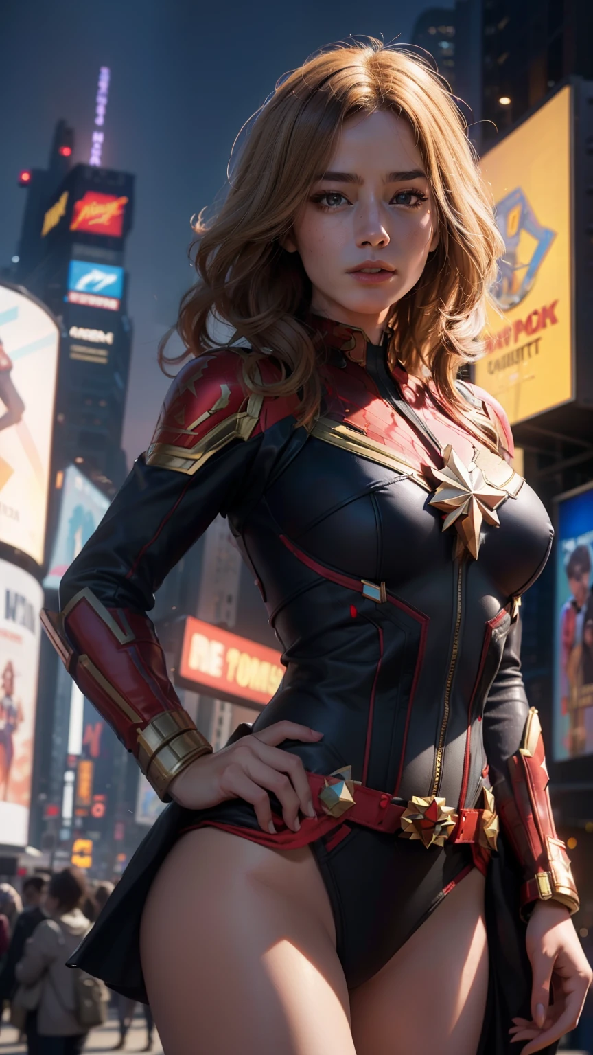 new york city, time square, Women's body set big breasts,Captain Marvel costume dress,cleavage,bare chest,exposed panties,don't wear panties,thighs, (Best Quality: 1.0), (Ultra Highres): 1.0) , highly detailed face and eyes, (photorealistic: 1.2)