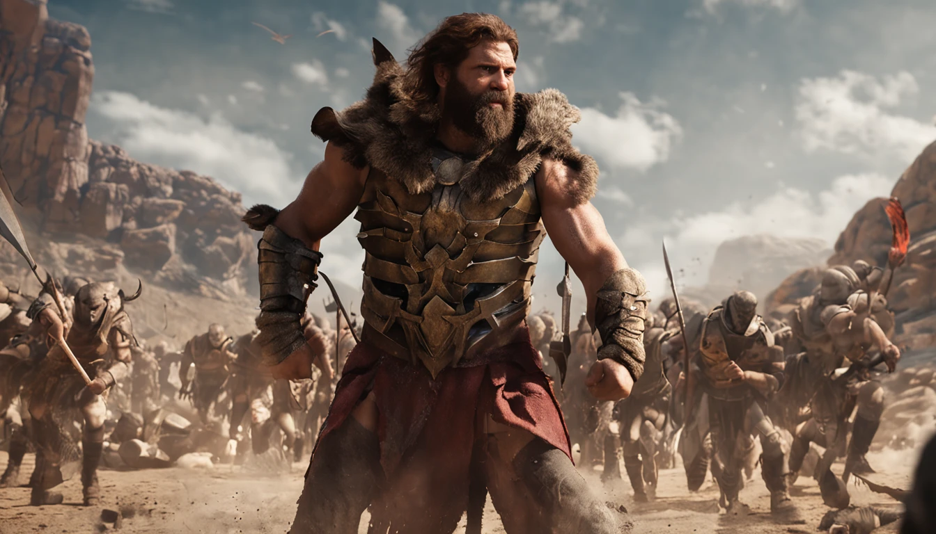 (Professional 3D rendering:1.3) de (Realistic:1.3) foto de arte mais bonita do mundo，((epic hero, rough fantasy, hero, olhar gentil, sorrir, Cabelos Longos, Large beard and strong expression in dynamic pose, passeando, Location in the wheat field on the right side, majestoso ambiente desordenado)), corpo inteiro 8k unidade render, action shot, poros da pele, very dark lighting, sombreamento pesado, circunstanciado, rosto detalhado, (Vibrando, fotografia realista, Realistic, Dramatic, Escuro, foco nítido, 8k), (roupas de um rei, ((Wear a golden crown on your head)); manto majestoso, White tunic and white linen shirt:1.4), (intrincado:1.4), decadente, (altamente detalhado:1.4), Pintura digital, rendering by octane, conceito-arte, liso, foco nítido, illustration, germe da arte, (Loish:0.23), (global ilumination, studiolight, light volumetric), floating particles, fantasia, corpo inteiro,