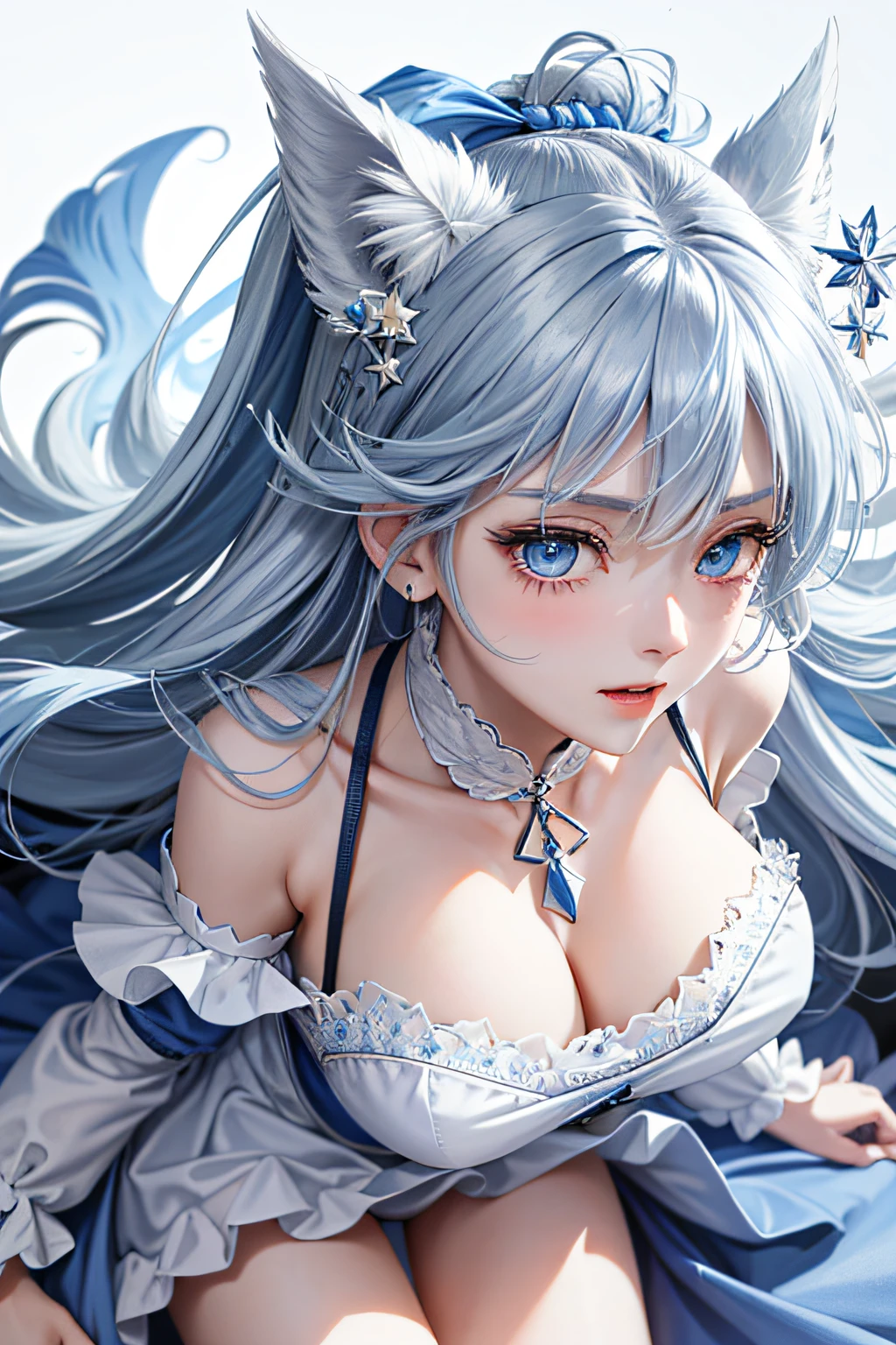 (Face focus)、(1womanl、独奏、Crystal clear white skin、Beautiful fece)、(blue hairs、Gray hair at the ends of the hair、Blue eyes、Elegant smile)、Horse Ears、Morning glory fairy、Blue ruffled skirt and dress、Fairy wings、White underwear、Miniskirt、Big tits、Any posture、Open the crotch、roll eyes、scissor hands、Lots of sex toys