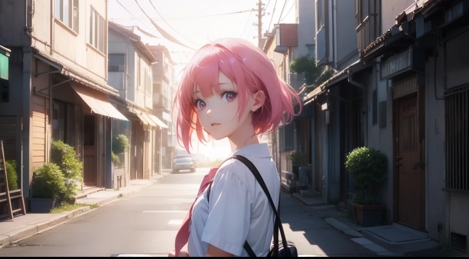 Anime girl with pink hair and backpack walking down a narrow street ...