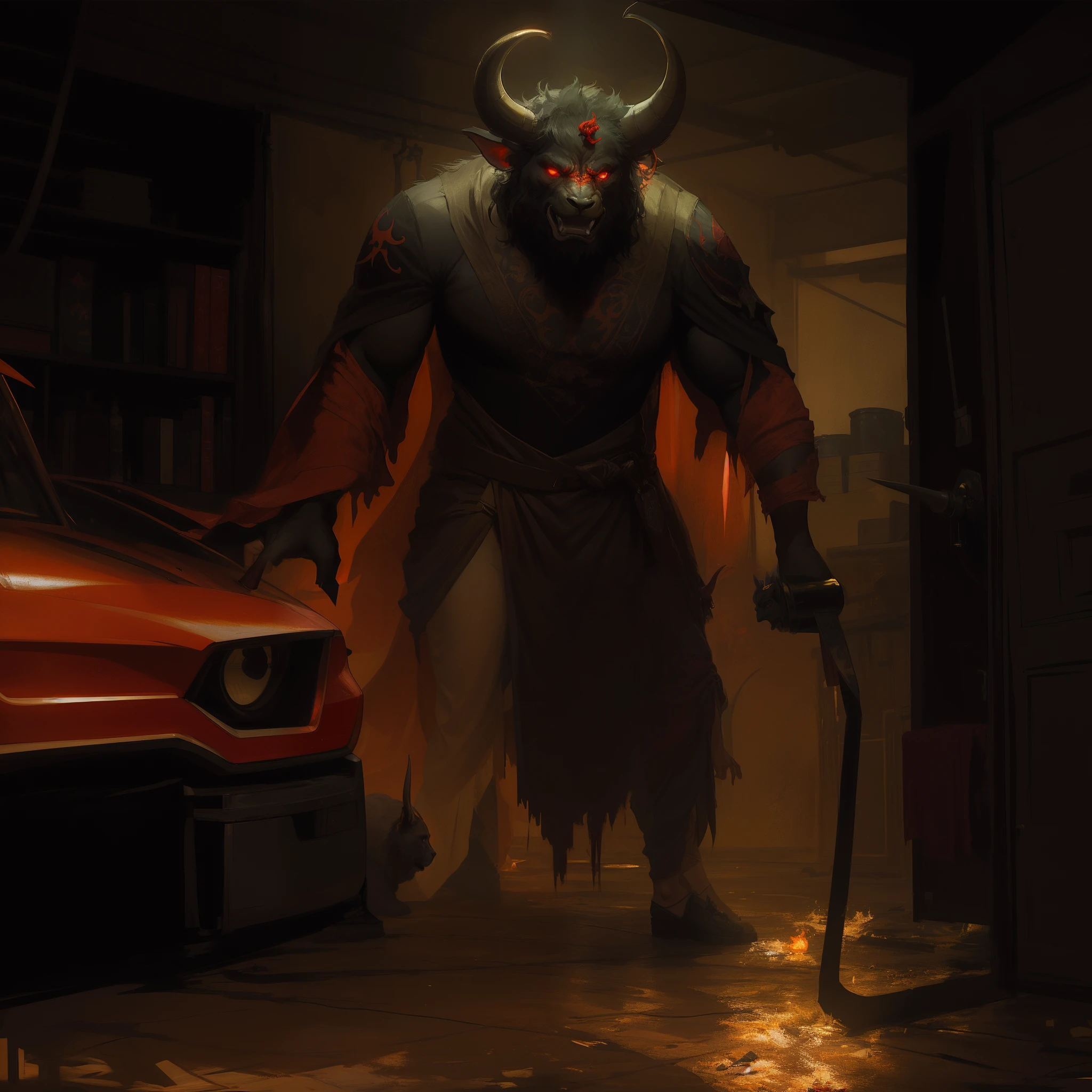 There's a man with a horned head standing in a garage, Wojtek FUS, arte conceitual escura fotorrealista, minotaur from path of exile, villain wearing a red oni mask, Tiefling, Minotauro, um lobo Minotauroo, a criatura vende um carro usado, fat ripped satanic creature, Sergey Kolesov Arte conceitual