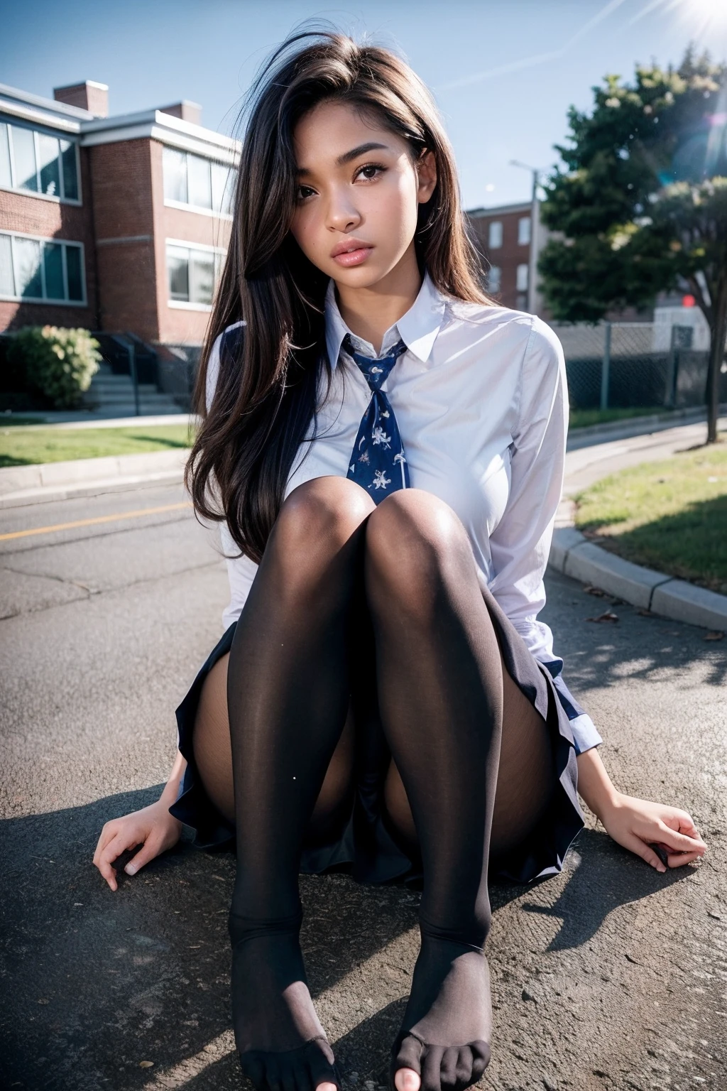 show entire body, feet in view, realistic, gorgeous 16y.o. light skinned mixed race female, American school uniform, pantyhose, school yard legs open, sunny day, cityscape, no shoes