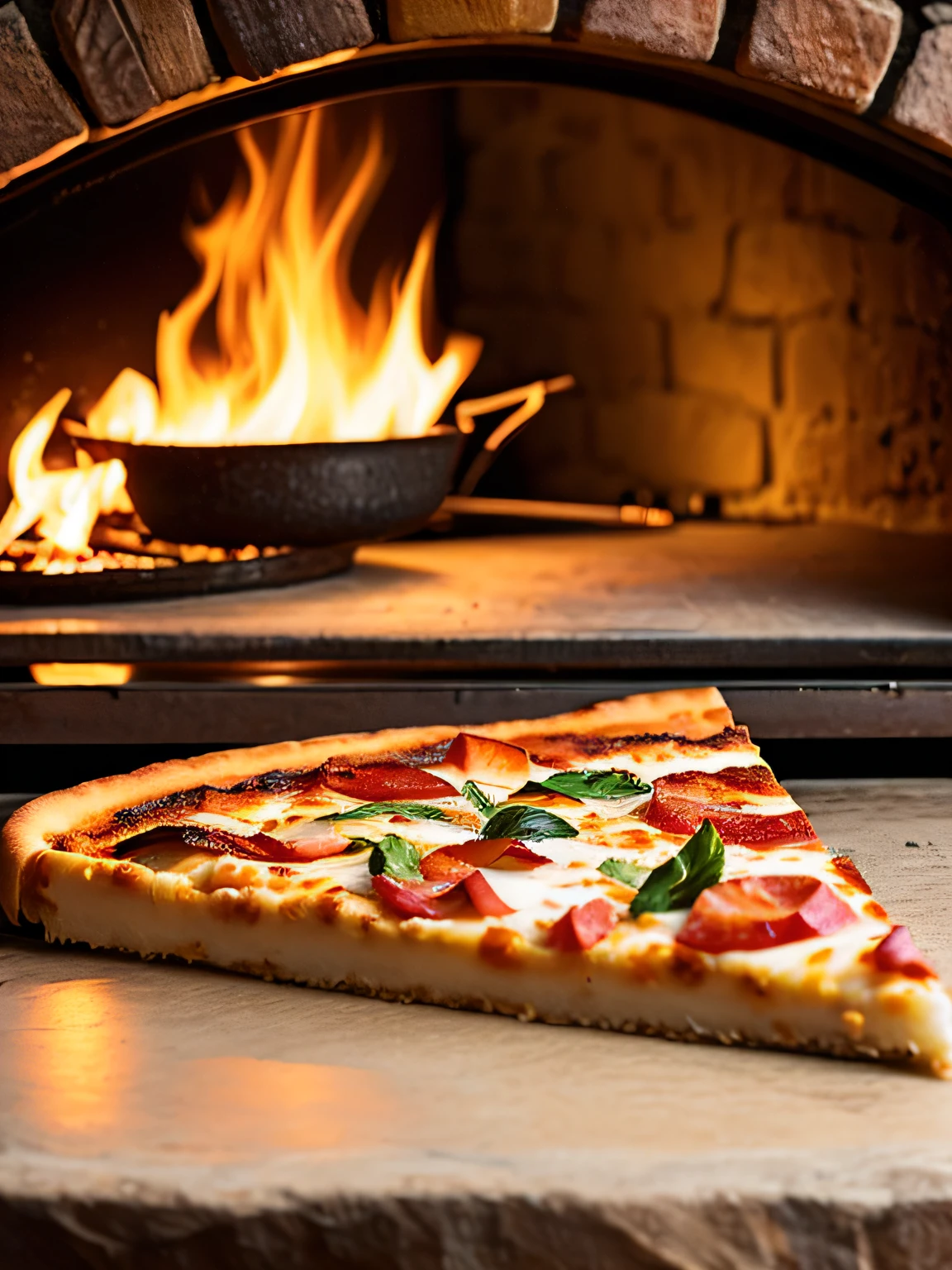 Macro photo of a slice of delicious pizza in front of a stone oven, fire oven, light it fire, food photography, advertising photography, macro crisp quality, warm colors, soft light, extremely detailed, beautiful, establishing shot, artistic, hyperrealistic, octane render, cinematic lighting, dramatic lighting, masterpiece, light brazen, extremely detailed