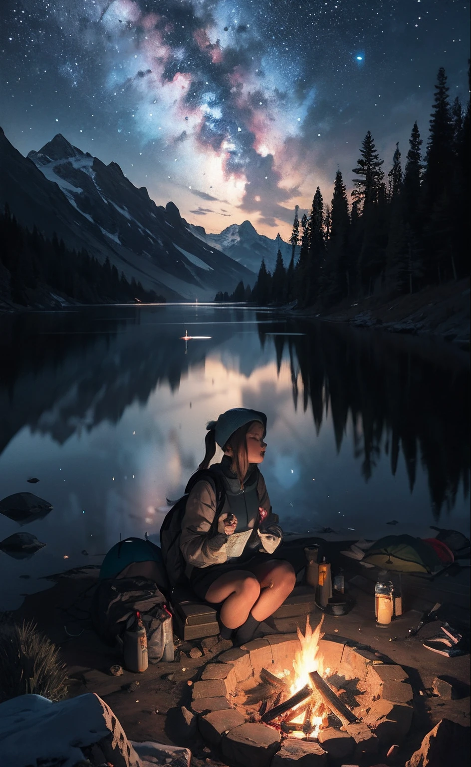 masterpiece, best quality, ultra-detailed, illustration, 1girl, solo, outdoors, camping, night, mountains, nature, stars, moon, bonfire, tent, twin ponytails, green eyes, cheerful, happy, backpack, sleeping bag, camping stove, water bottle, mountain boots, gloves, sweater, hat, flashlight, forest, rocks, river, wood, smoke, shadows, contrast, clear sky, constellations, Milky Way, peaceful, serene, quiet, tranquil, remote, secluded, adventurous, exploration, escape, independence, survival, resourcefulness, challenge, perseverance, stamina, endurance, observation, intuition, adaptability, creativity, imagination, artistry, inspiration, beauty, awe, wonder, gratitude, appreciation, relaxation, enjoyment, rejuvenation, mindfulness, awareness, connection, harmony, balance, texture, detail, realism, depth, perspective, composition, color, light, shadow, reflection, refraction, tone, contrast, foreground, middle ground, background, naturalistic, figurative, representational, impressionistic, expressionistic, abstract, innovative, experimental, unique