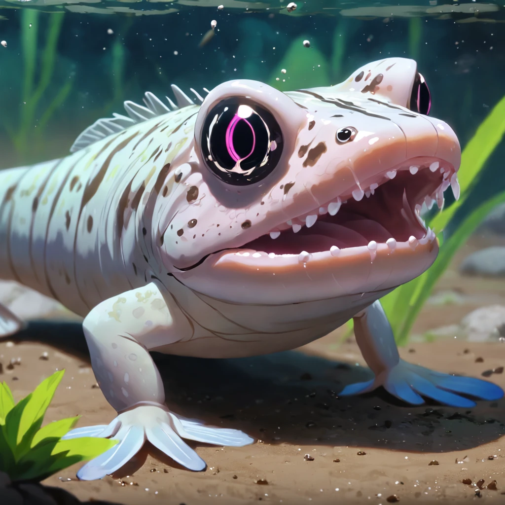 Giant mudskipper with ghostly white scales,sewage，variation， Fierce fangs, and a long pink tongue, Masterpiece, Best quality，8K