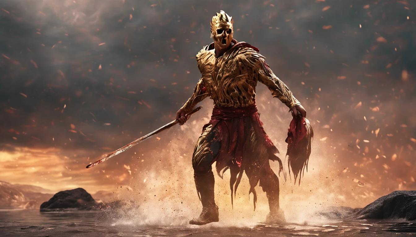 A determined Jason, his face smeared with blood, striding forward with the golden fleece in his hands.