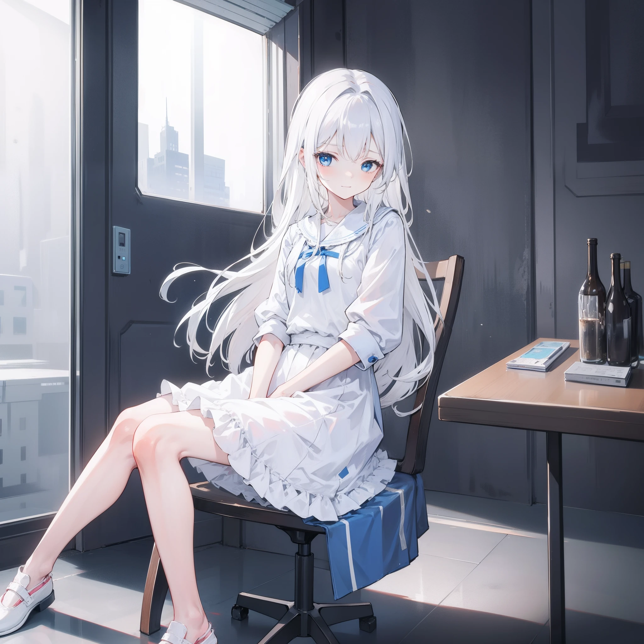 A girl sitting on a chair with a shy look on her face and white hair and blue eyes. She has a small smile on her face and is leaning forward, looking down at the floor