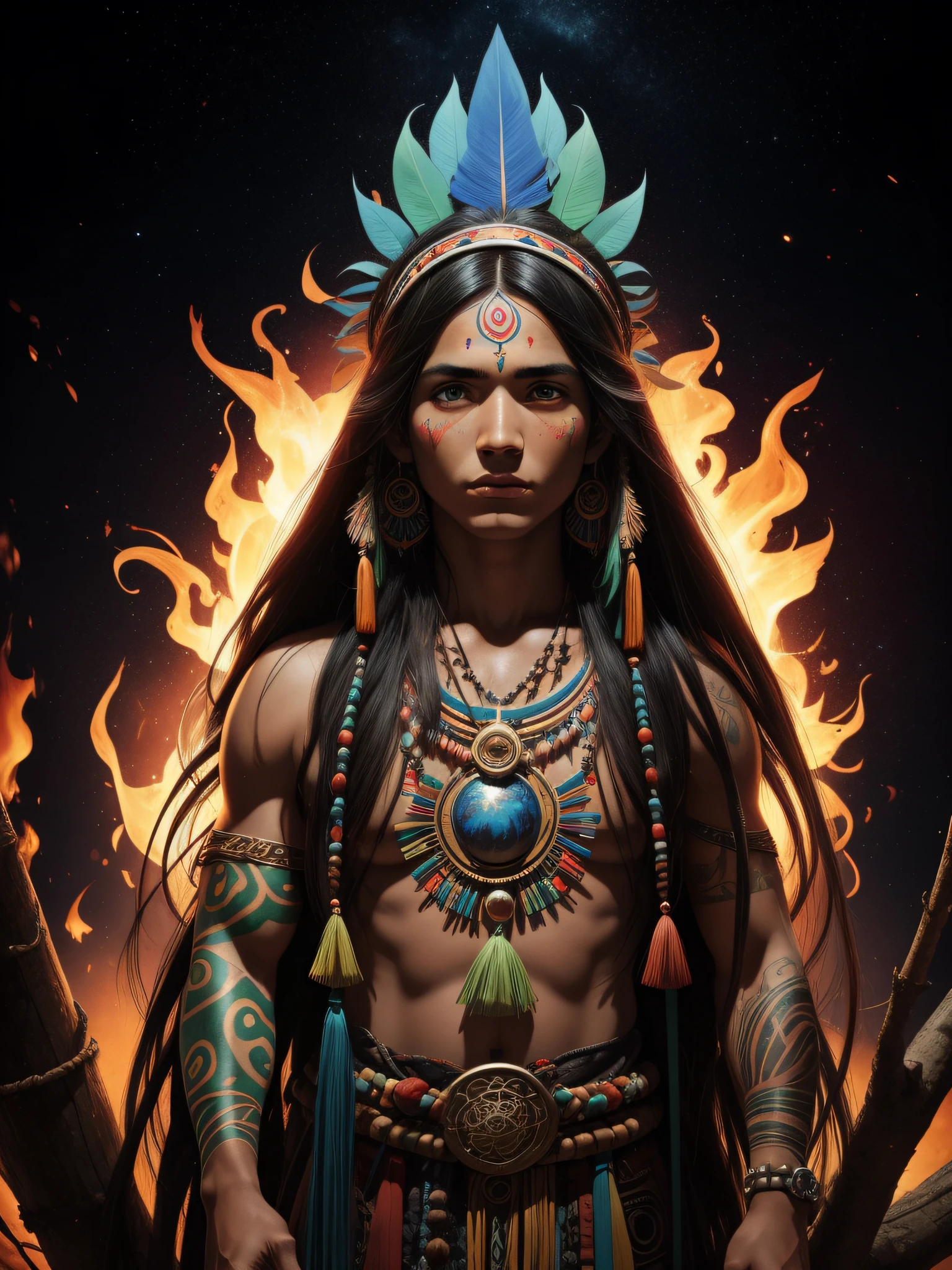 close up photo of a Native Brazilian old shaman men with a long black hair in amazonia forest , shamanic dreaming, psychedelic , amazonia forest connection, cosmic being, Sacred, psychedelic , psychedelic design, Aura, becoming spiritual, DMT, ayahuasca brazilian native culture connection, masterpiece of psychedelic colors background, ultrarealistic photorealistic, 8k, artstation.The artwork should have photo-realistic, ultra-realistic, hyper-realistic, 3d anime style vector, 3d full shot, standing pose, cosmic, outer space, and fire colors Artwork styles, highly detailed, highly detailed symmetric beautiful hazel eyes, highly detailed gorgeous face, dynamic pose, ethereal, mystical, splatter drippings, paper texture, pulp Manga, and perfect shading, with dramatic lighting. The artwork should be centered, stylized, and elaborate.