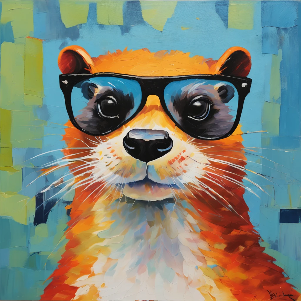 "A cartoon otter wearing black sunglasses and sporting a ginger mohawk hair, depicted in a front side view and full length portrait. The background should be an abstract geometric design resembling an oil painting, with vivid colors emphasized (1.3) and a touch of iridescent blue."
