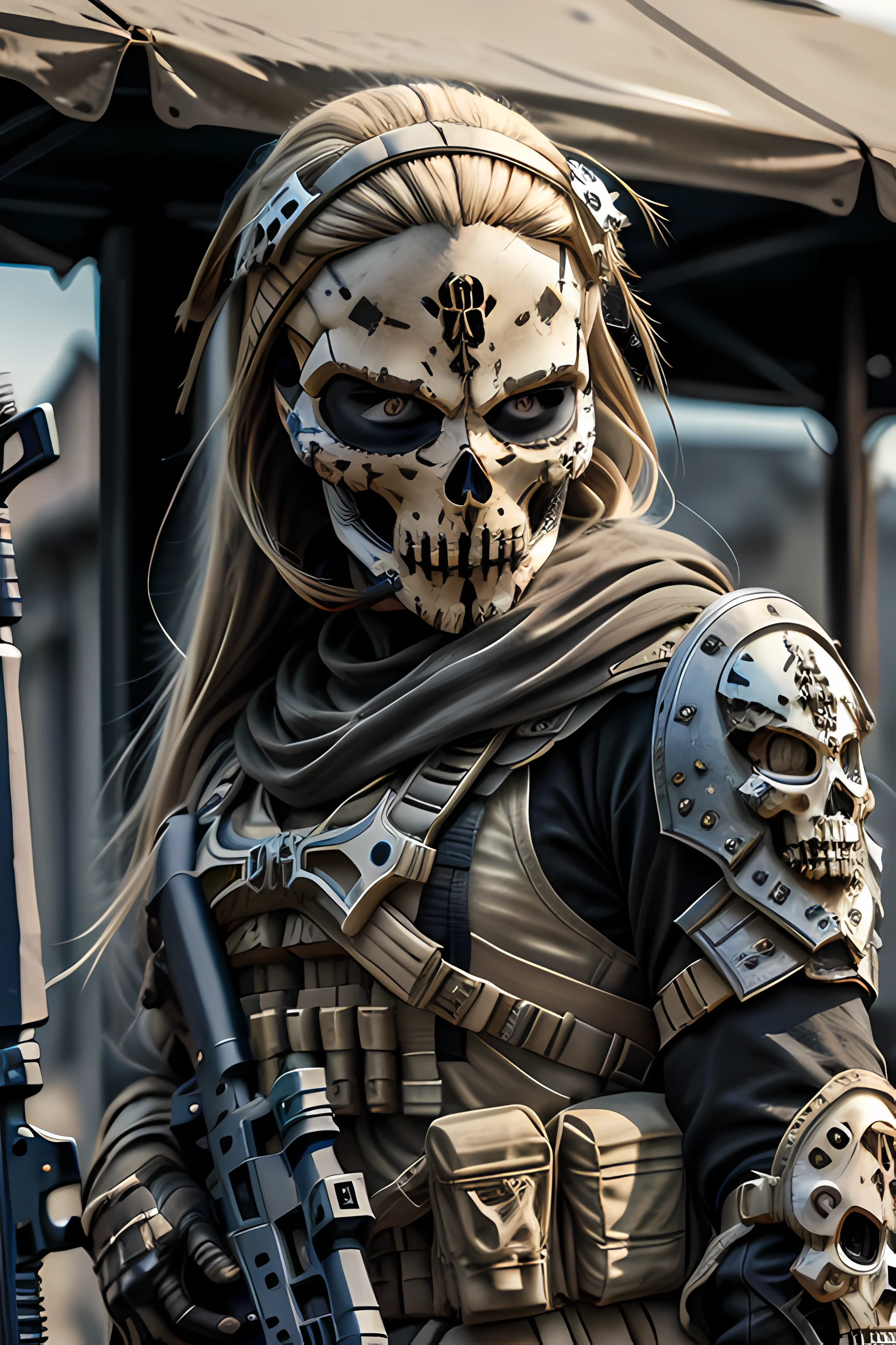 blonde barbie, cute, girly, skull mask, armor, army, holding weapon, thedeathsquad