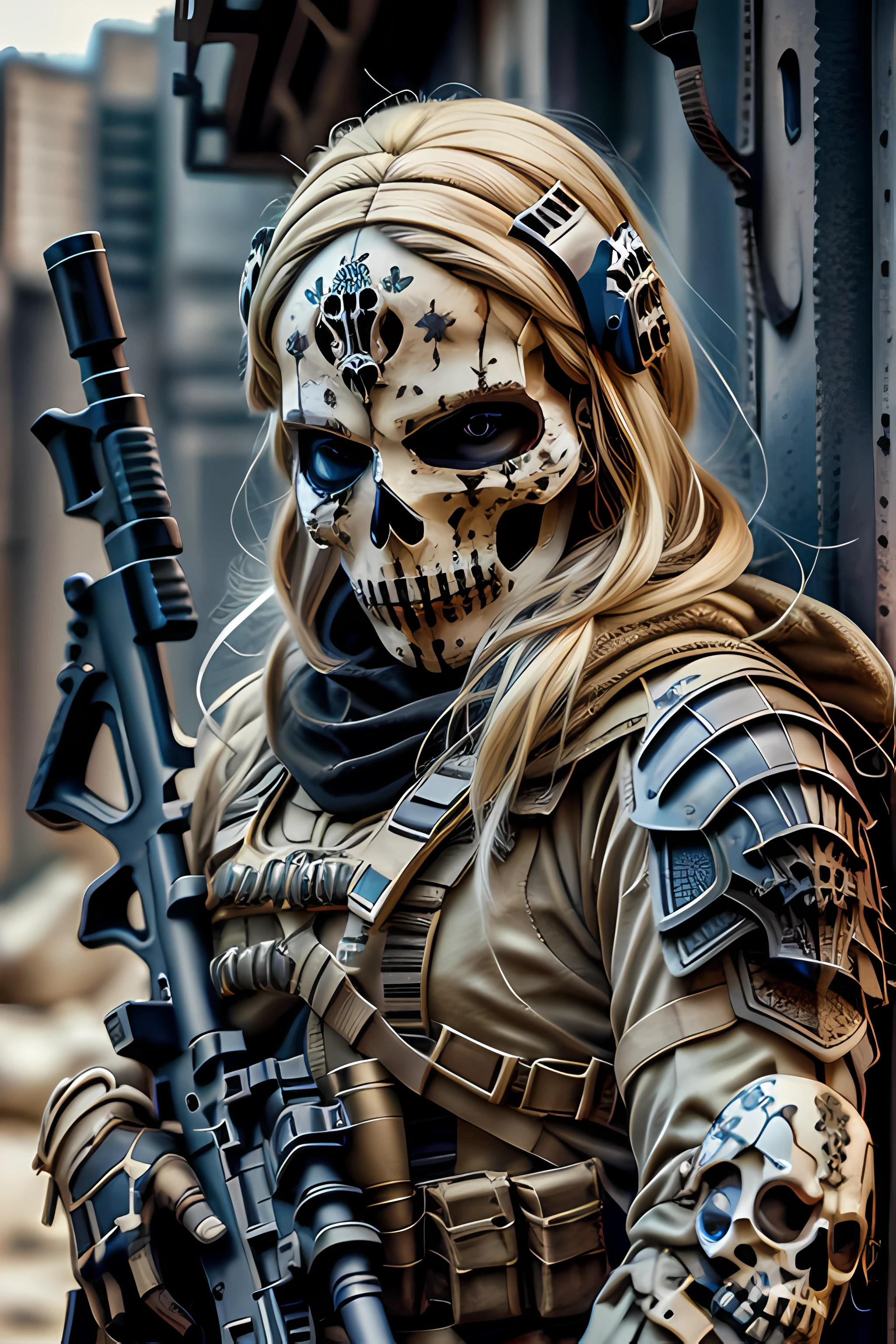 blonde barbie, cute, girly, skull mask, armor, army, holding weapon, thedeathsquad