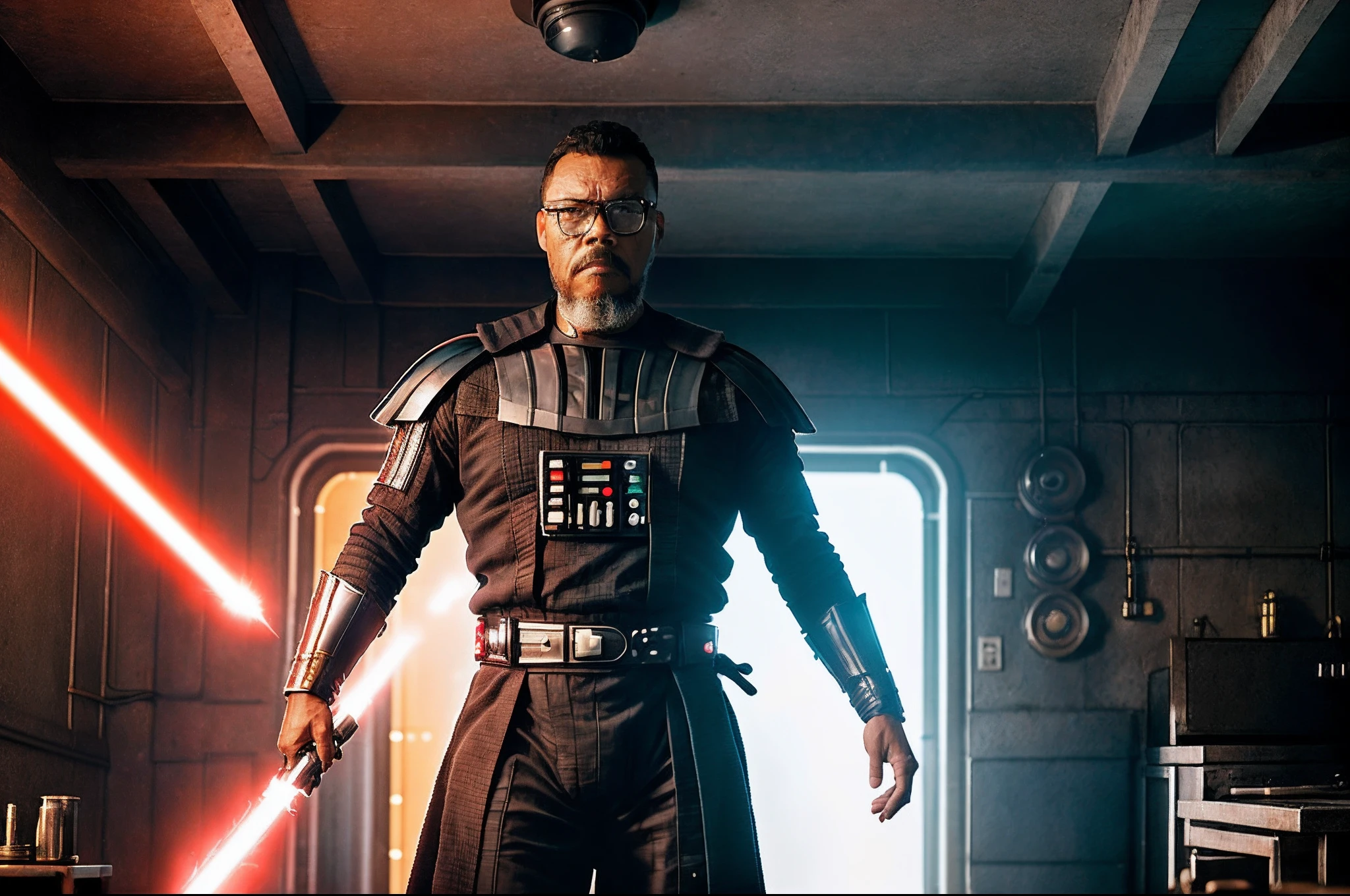 guttonervision14, Create an exceptionally detailed and realistic image of a man donned in Darth Vader's attire, excluding the helmet, and holding a menacing red lightsaber. The scene is set within a high-tech laboratory aboard a spaceship, amidst a technological warfare scenario. The focus should be primarily on the man, with the background intentionally blurred to emphasize his presence. The scene should be extraordinarily detailed, employing Octane render for lifelike textures and lighting. The resolution should be an impressive 8K, ensuring exceptional clarity and precision.