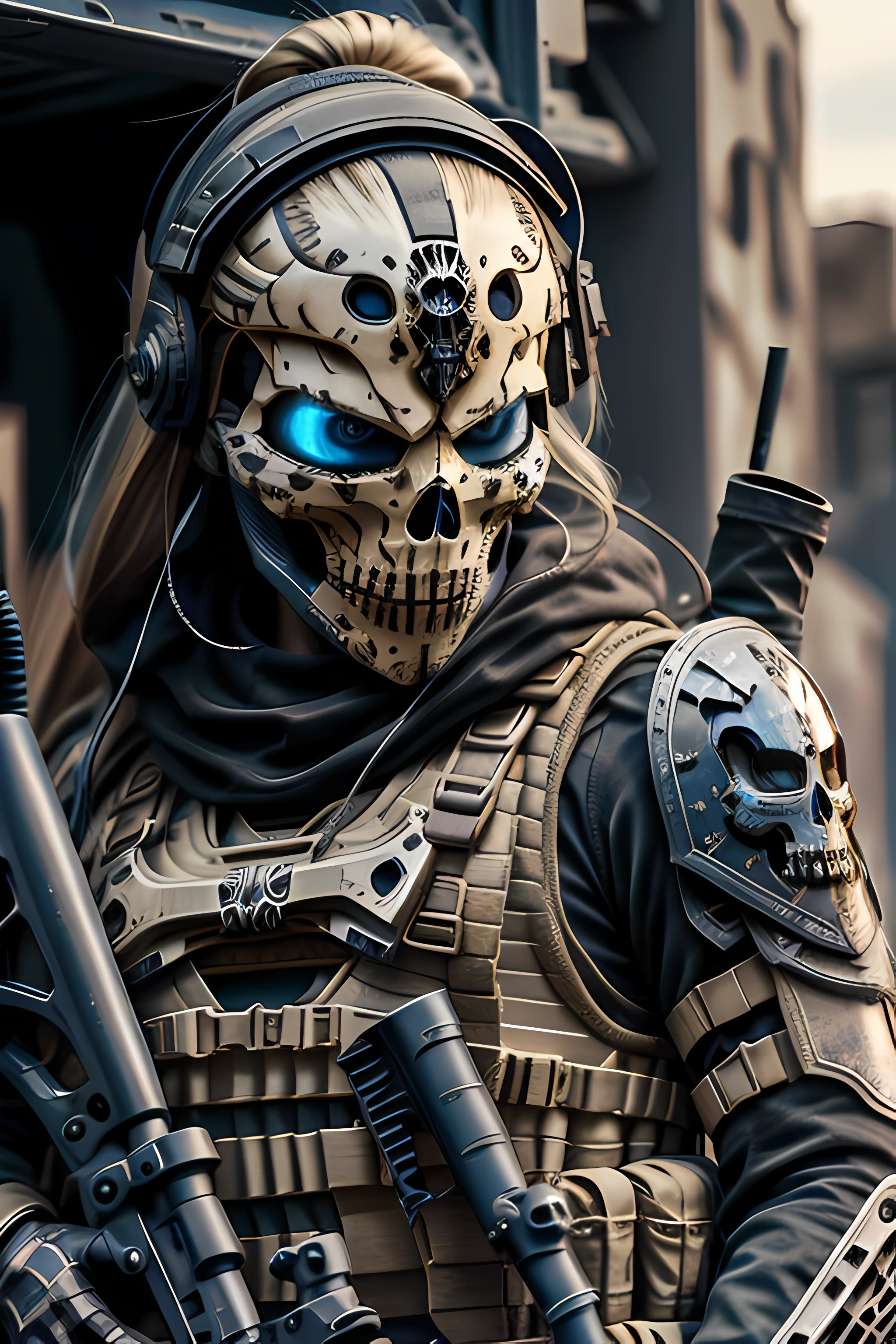 blonde barbie, cute, girly, skull mask, armor, army, holding weapon, thedeathsquad